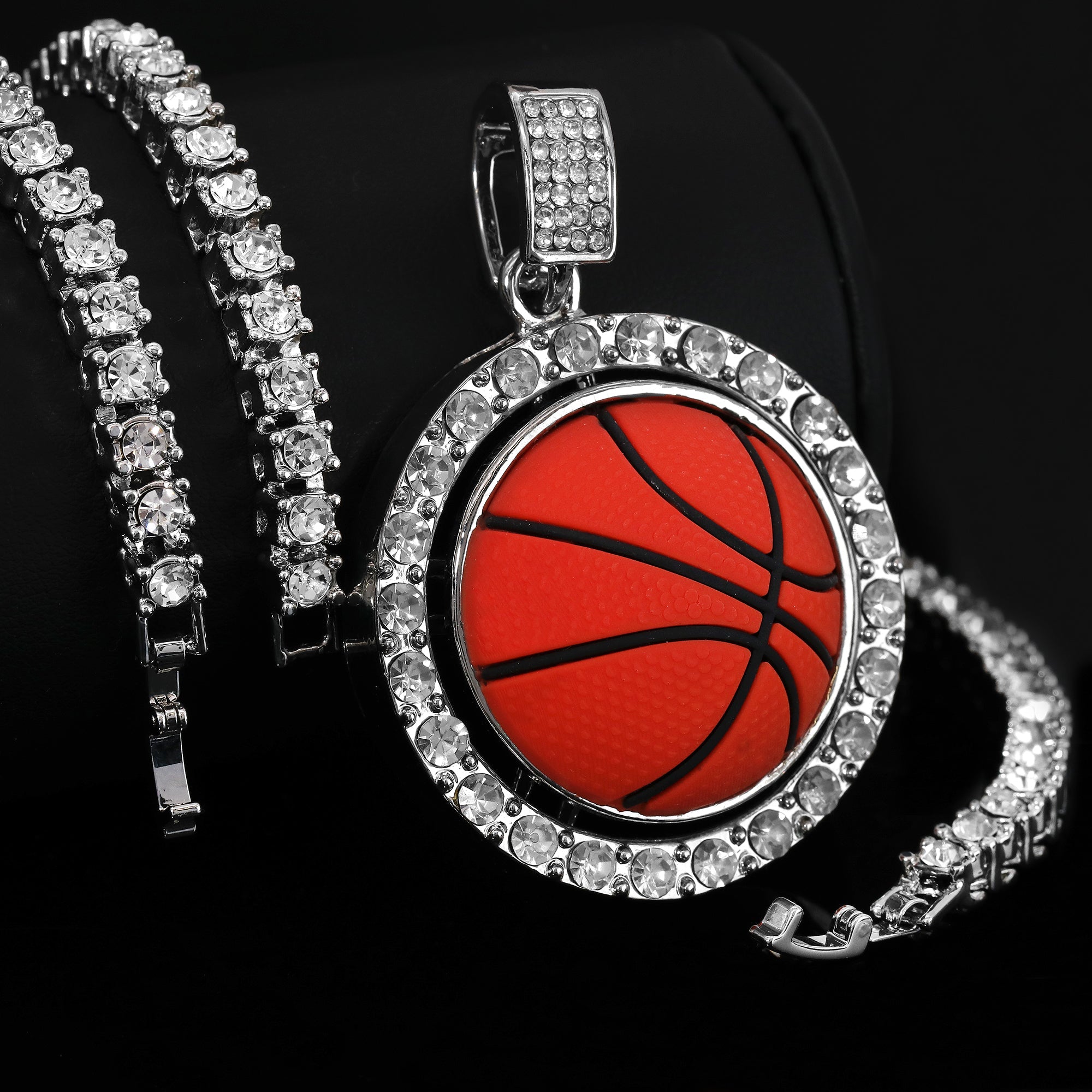 Cubic-Zirconia Round Basketball Pendant Silver Plated Two Tennis 18", 20" Chain