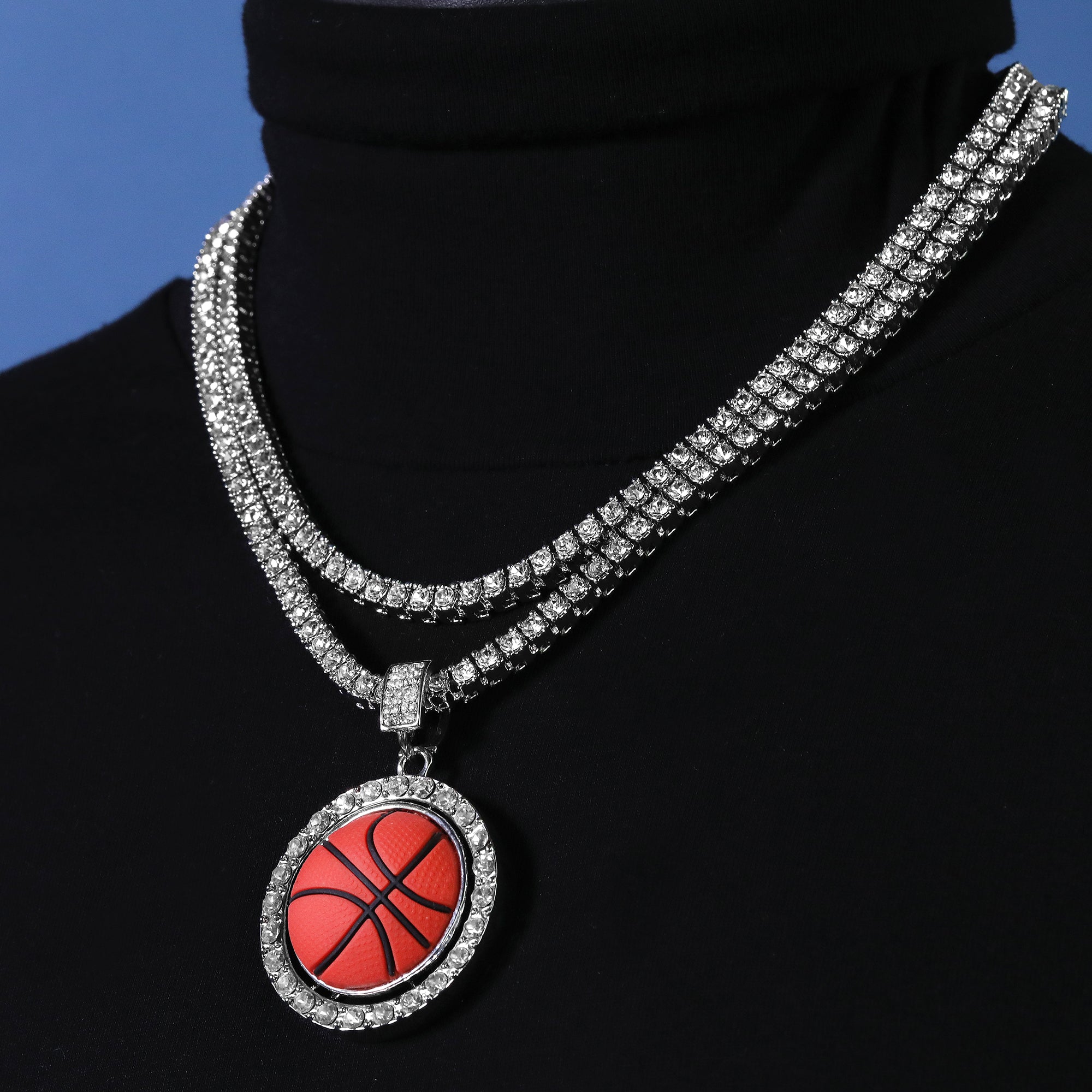 Cubic-Zirconia Round Basketball Pendant Silver Plated Two Tennis 18", 20" Chain