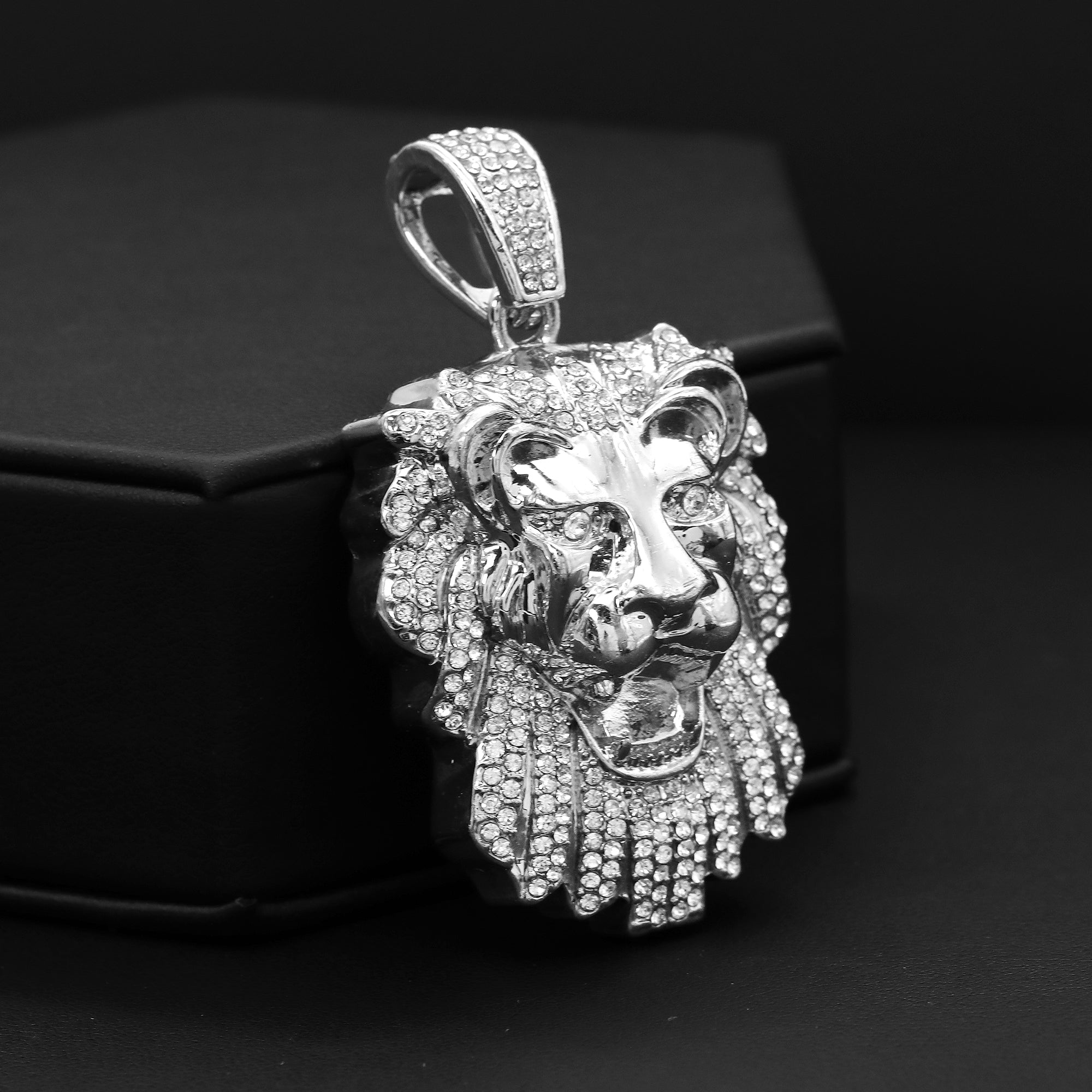 Cubic-Zirconia Thick Lion Face Pendant Silver Plated Tennis 18" Chain Choker