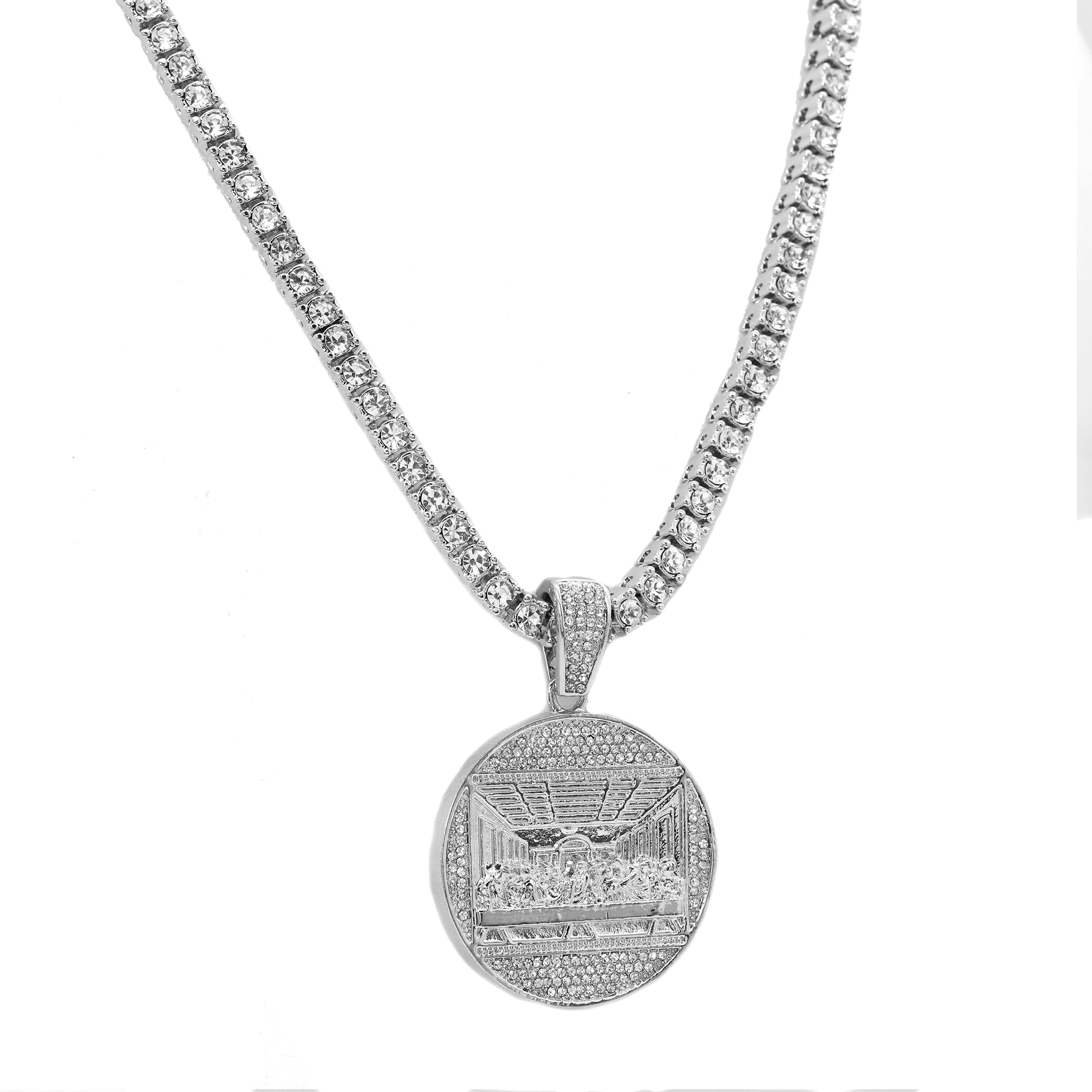 Cubic-Zirconia Thick Last Supper Pendant Silver Plated Tennis 18" Chain Choker