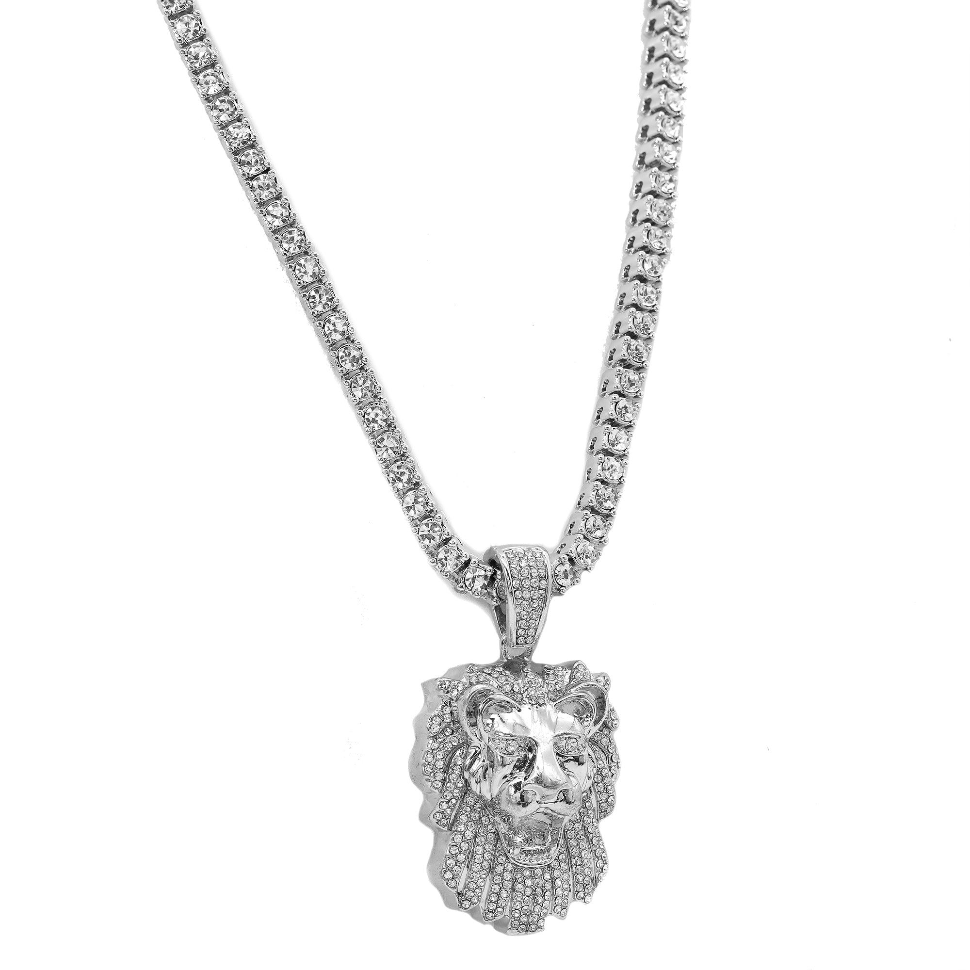 Cubic-Zirconia Thick Lion Face Pendant Silver Plated Tennis 18" Chain Choker