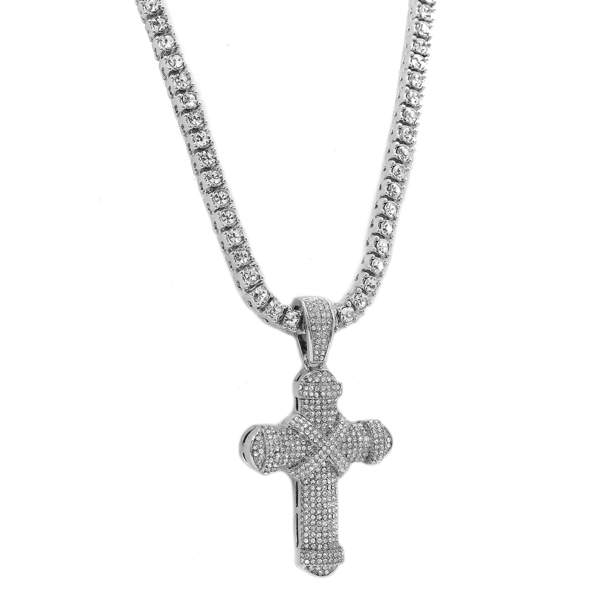 Cubic-Zirconia Thick X Cross Pendant Silver Plated Tennis 18" Chain Choker