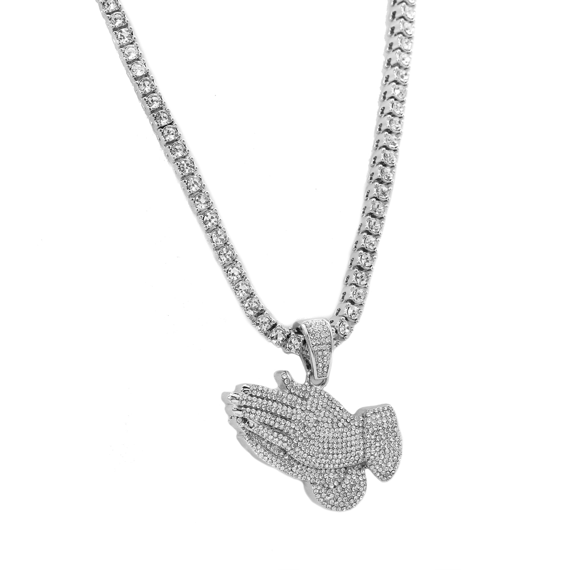 Cubic-Zirconia Thick Prayer Hands Pendant Silver Plated Tennis 18" Chain Choker