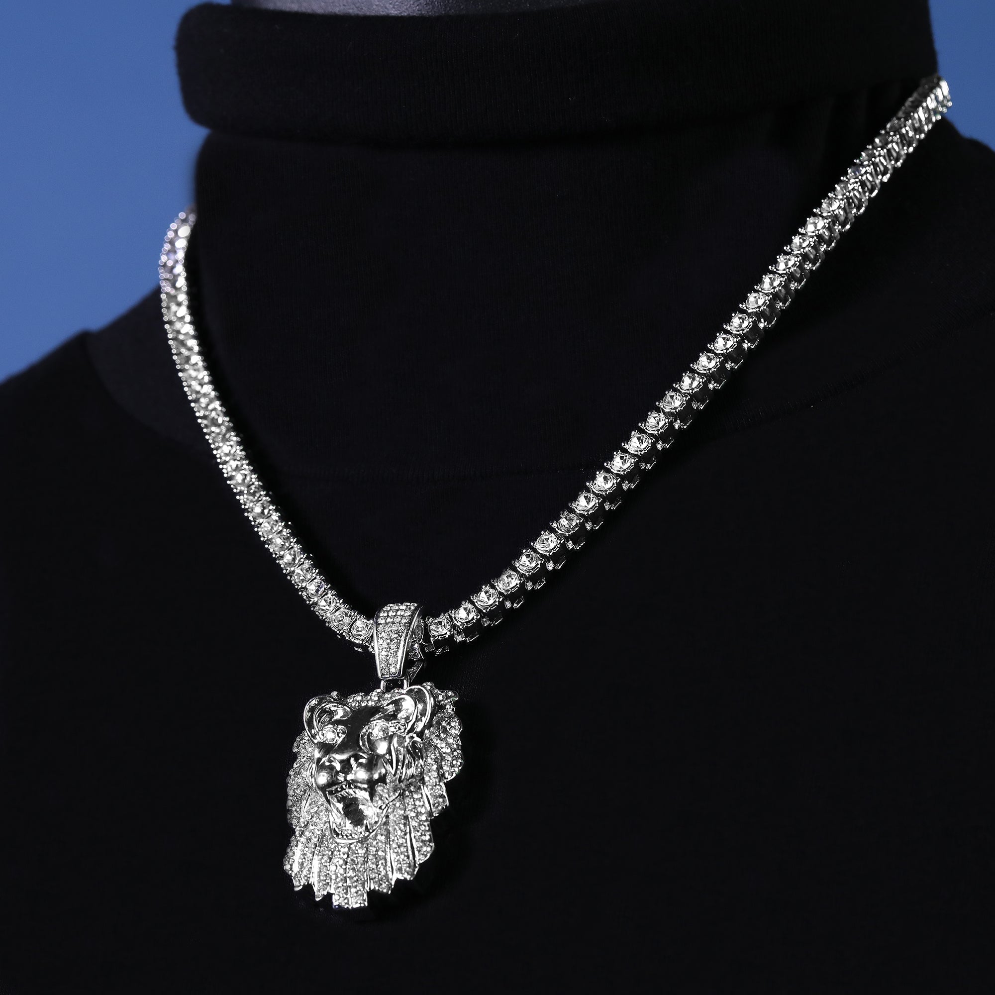 Cubic-Zirconia Thick Lion Face Pendant Silver Plated Tennis 18" Chain Choker