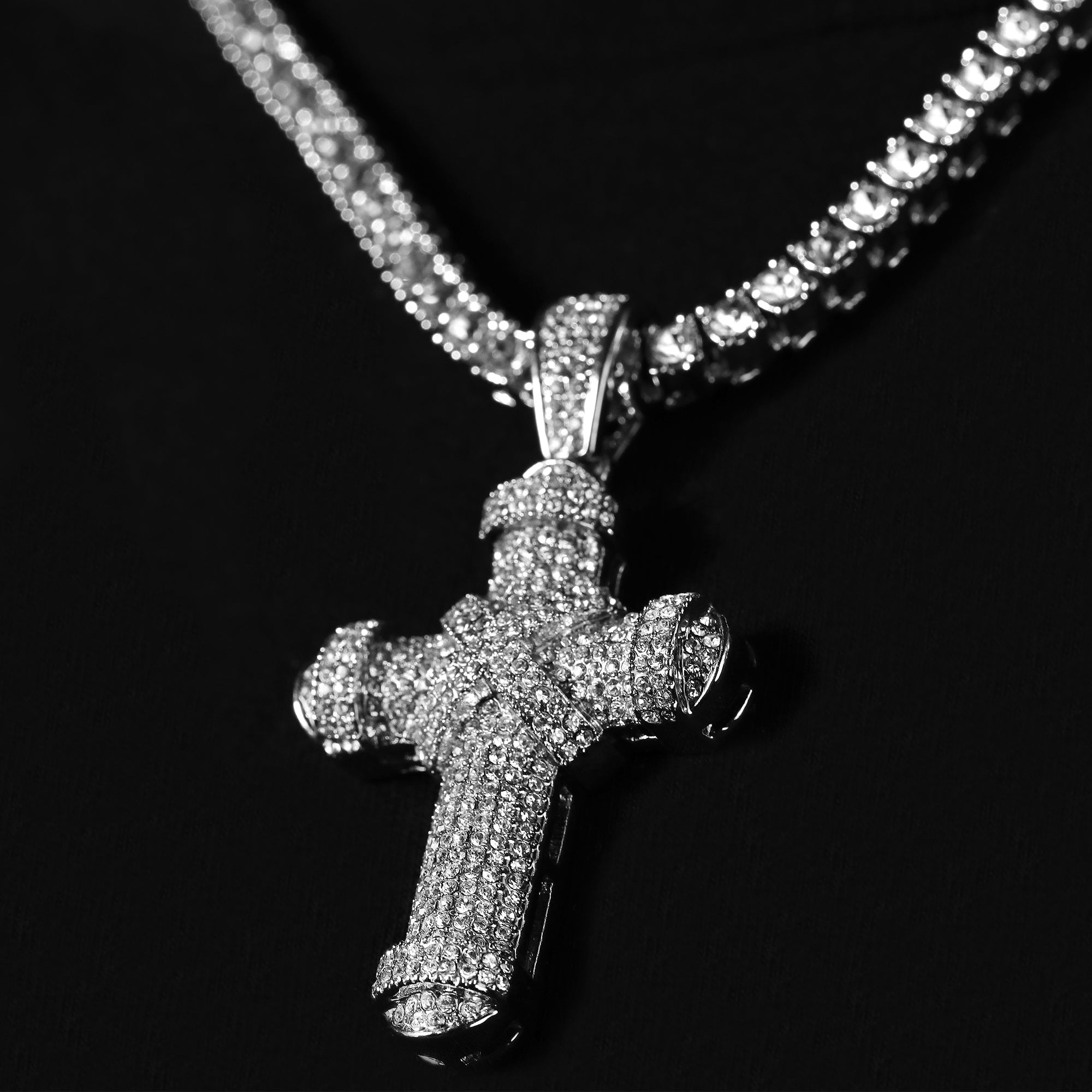 Cubic-Zirconia Thick X Cross Pendant Silver Plated Tennis 18" Chain Choker