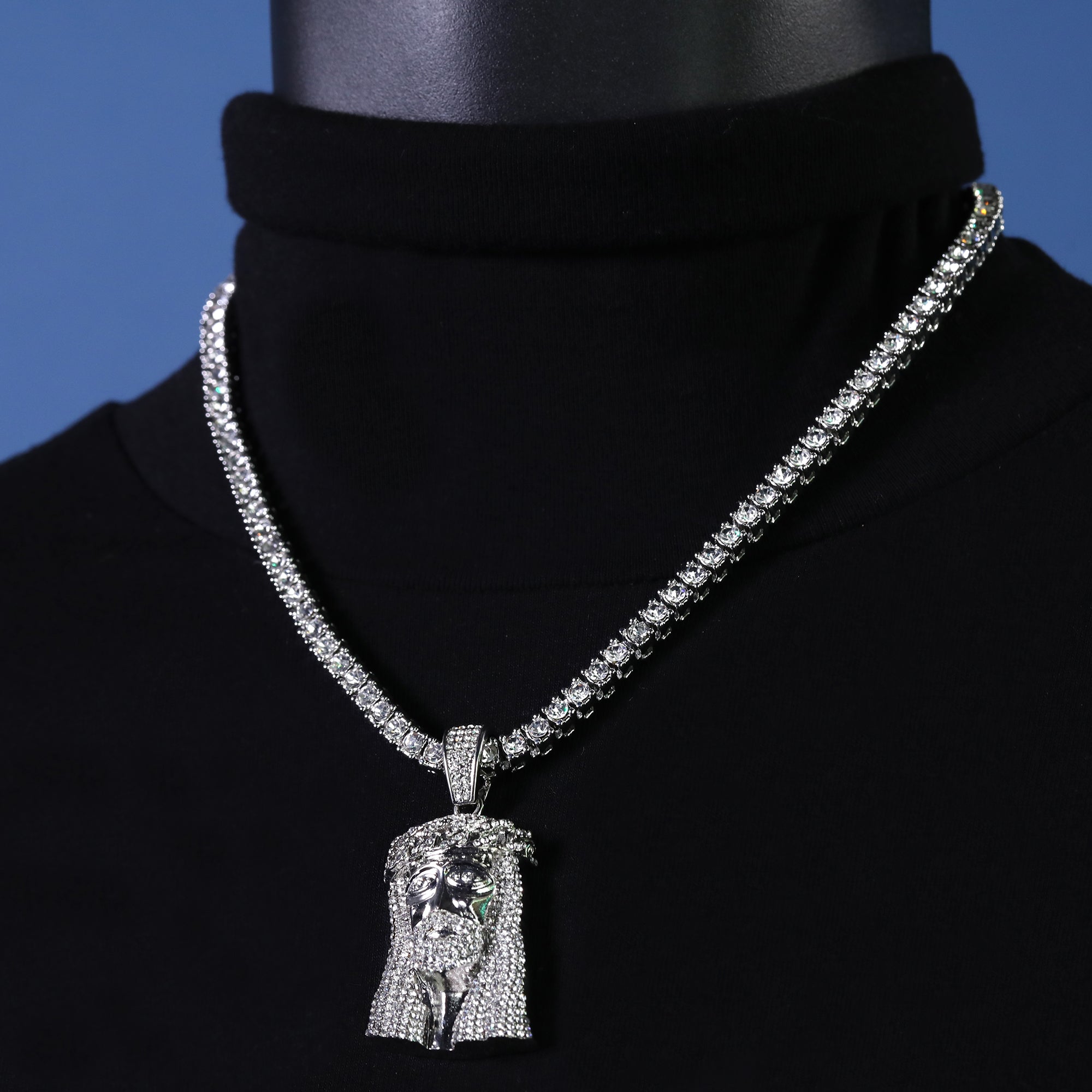 Cubic-Zirconia Thick Jesus Crown Pendant Silver Plated Tennis 18" Chain Choker