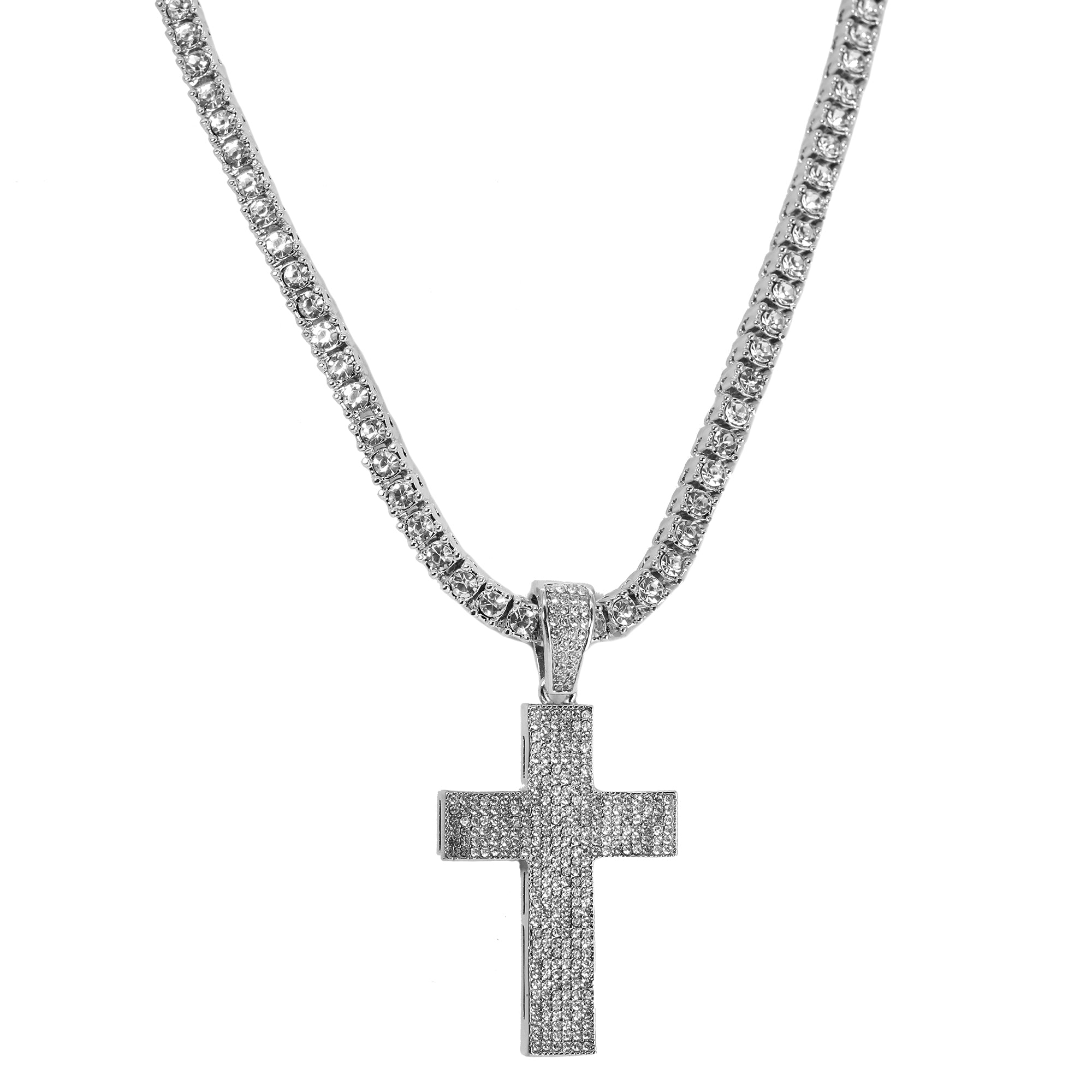 Cubic-Zirconia Thick Layer Cross Pendant Silver Plated Tennis 18" Chain Choker