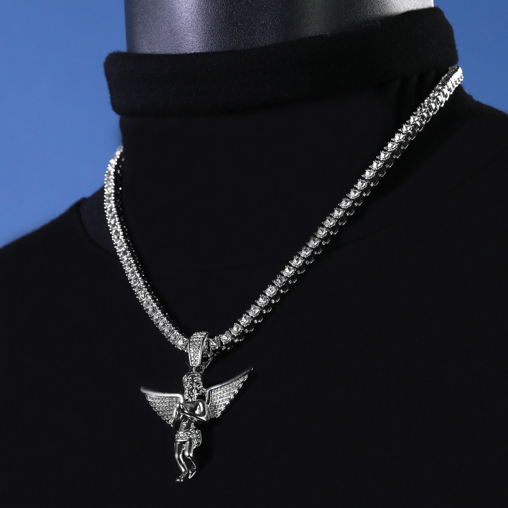 Cubic-Zirconia Thick Wing Angel Pendant Silver Plated Tennis 18" Chain Choker