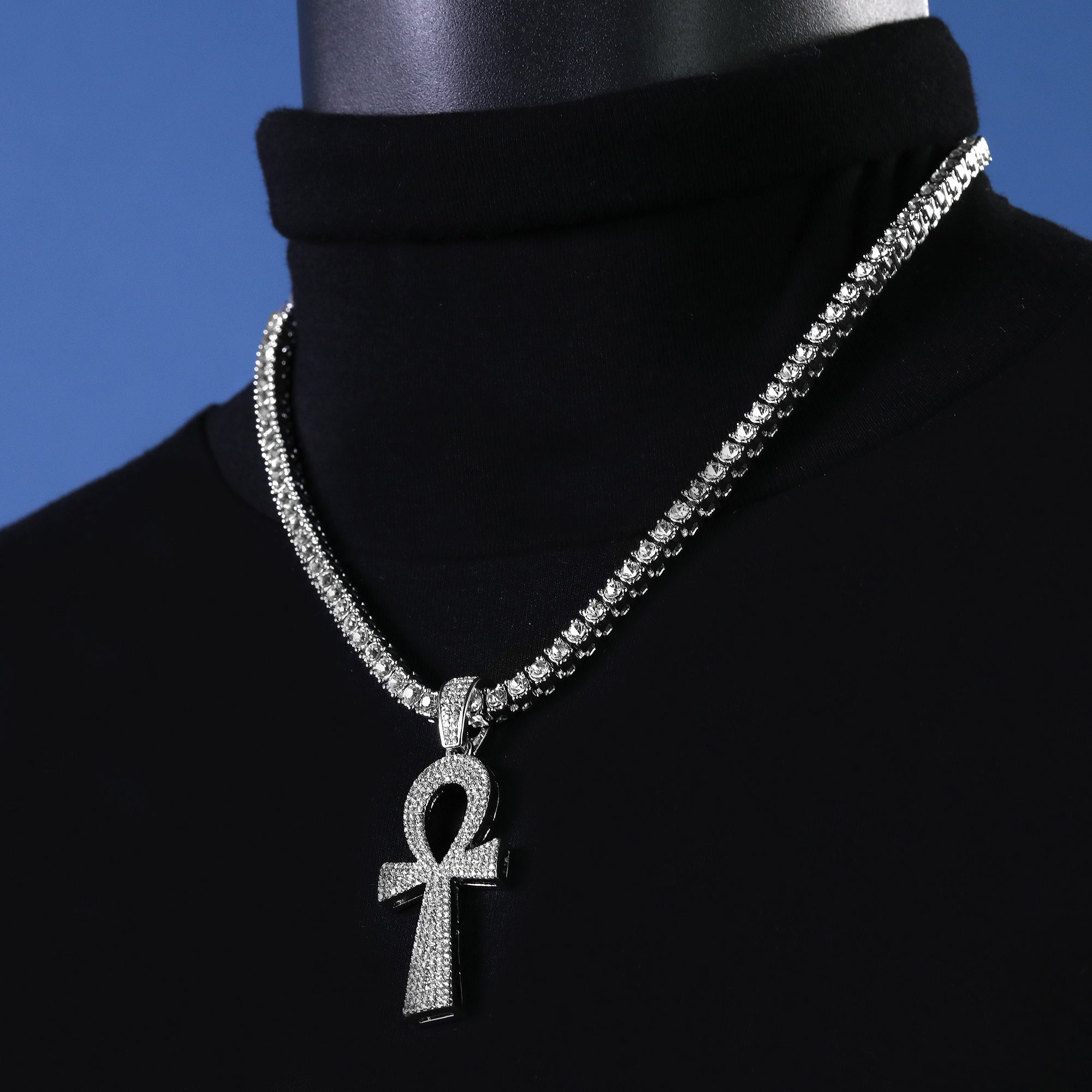 Cubic-Zirconia Thick Egyptian Ankh Pendant Silver Plated Tennis 18" Chain Choker