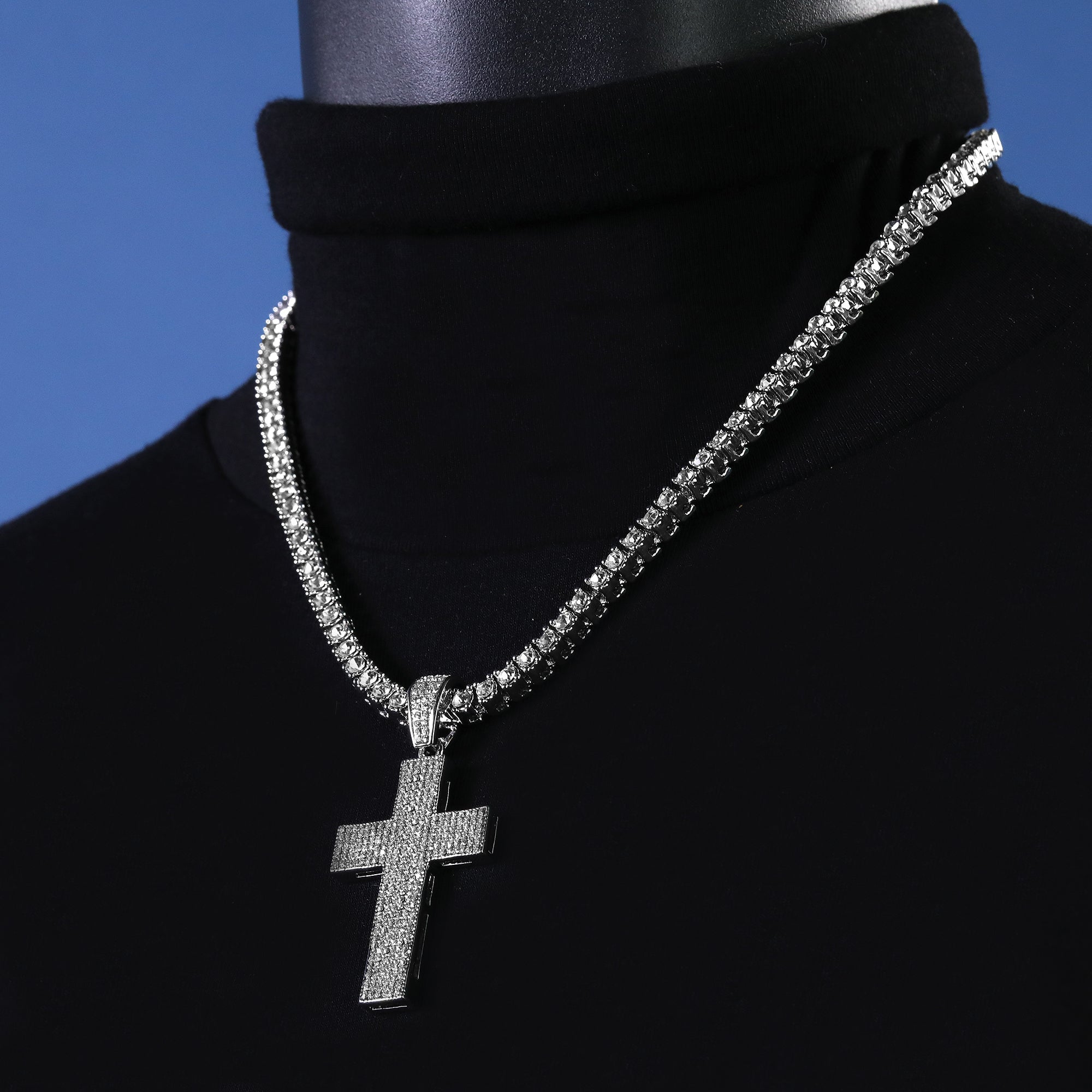 Cubic-Zirconia Thick Layer Cross Pendant Silver Plated Tennis 18" Chain Choker