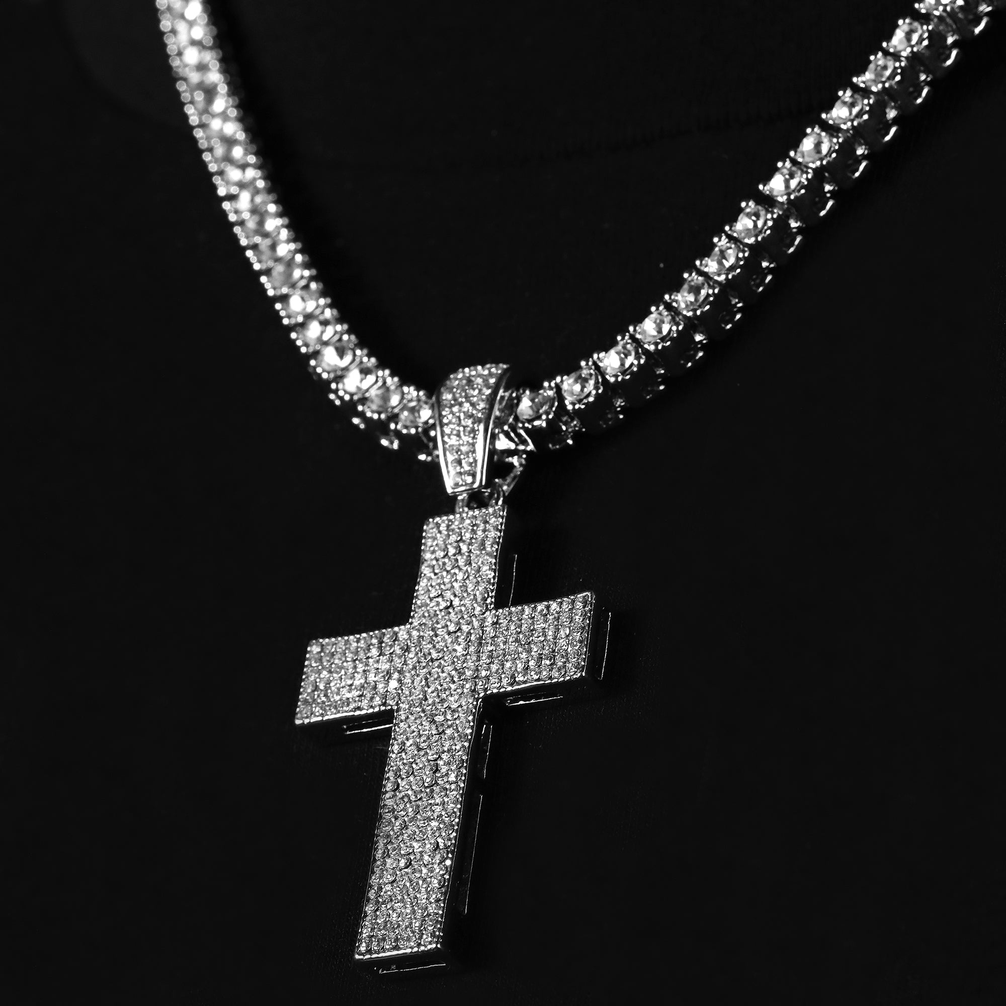 Cubic-Zirconia Thick Layer Cross Pendant Silver Plated Tennis 18" Chain Choker