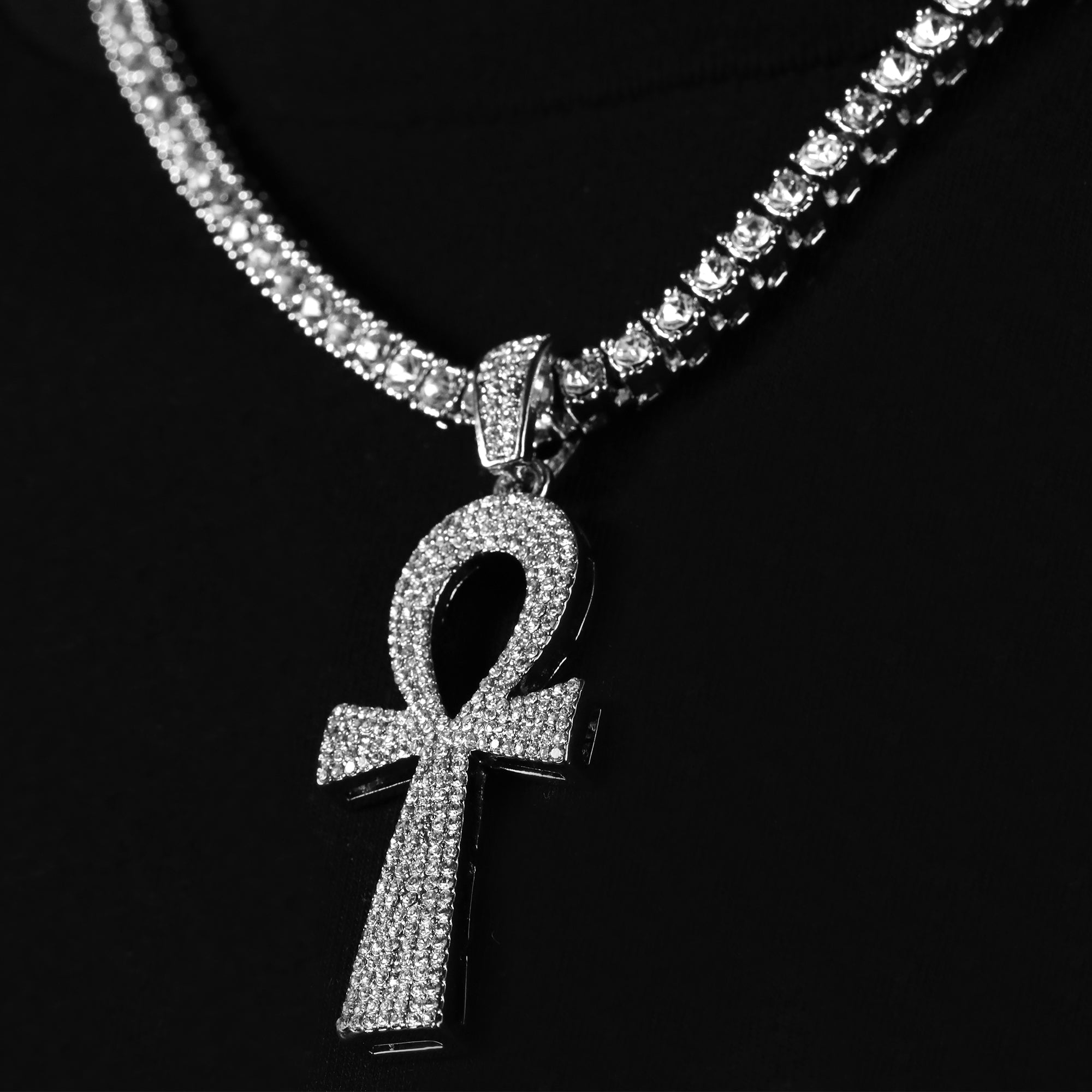 Cubic-Zirconia Thick Egyptian Ankh Pendant Silver Plated Tennis 18" Chain Choker