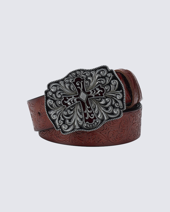 Exquisite Carved Cross Buckle Full-Grain Leather Belt