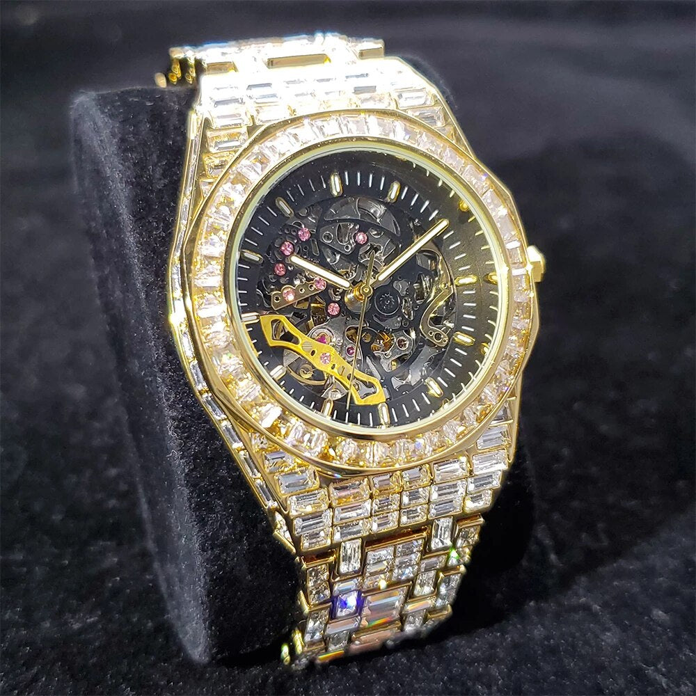 Gold Plated Baguette Diamonds Royal Skeleton watch