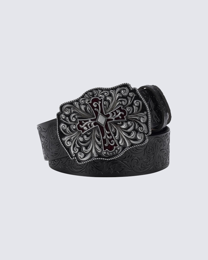 Exquisite Carved Cross Buckle Full-Grain Leather Belt