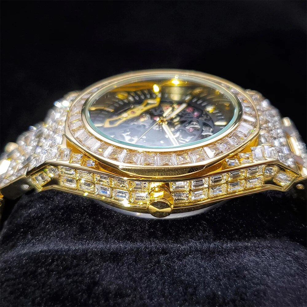 Gold Plated Baguette Diamonds Royal Skeleton watch