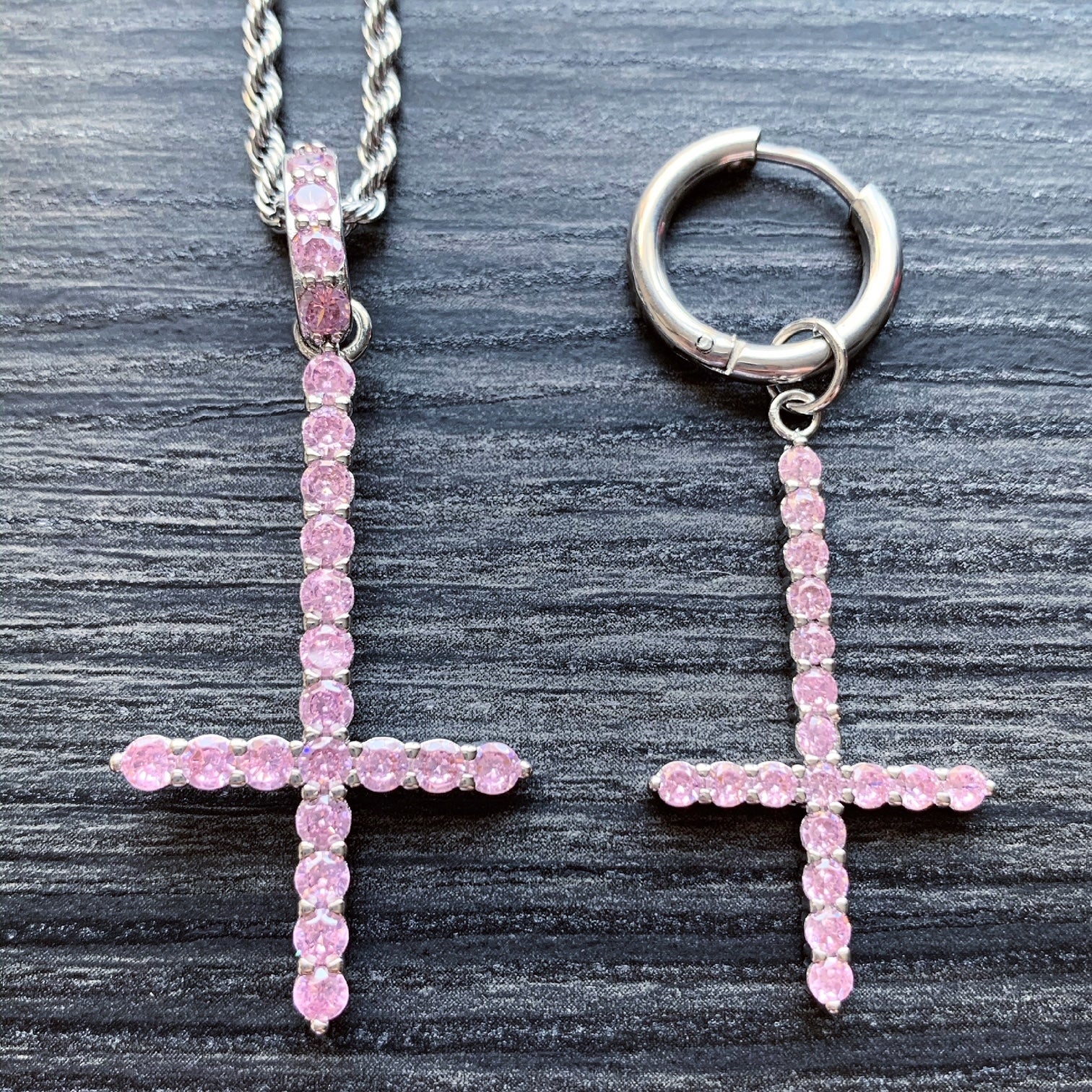 Pink 'Cross' Necklace & Earring Combo