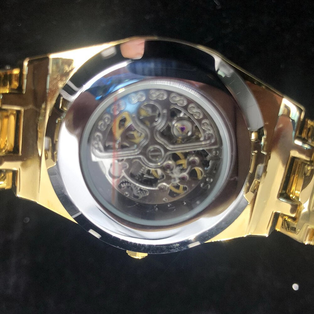 Gold Plated Baguette Diamonds Royal Skeleton watch