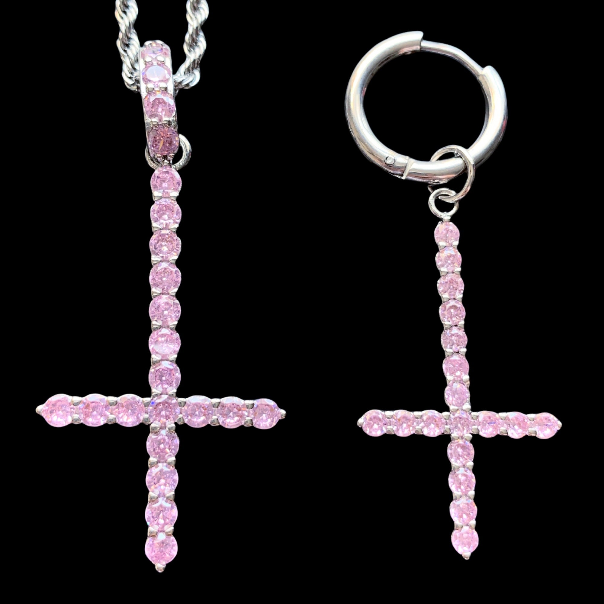 Pink 'Cross' Necklace & Earring Combo