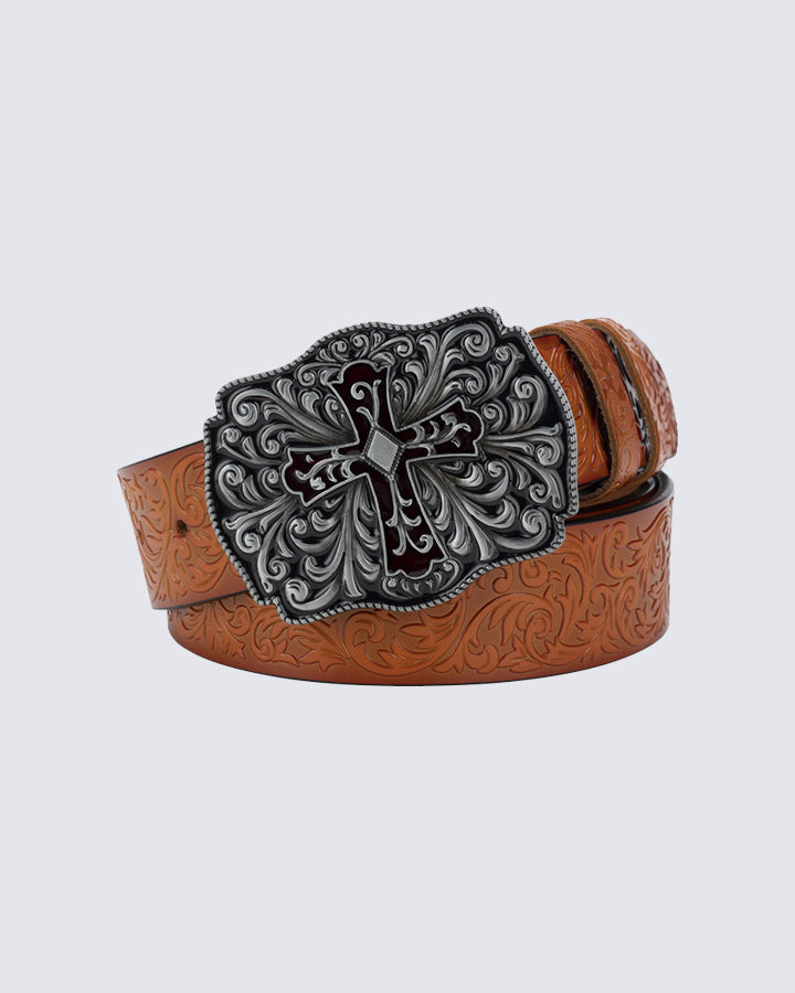 Exquisite Carved Cross Buckle Full-Grain Leather Belt