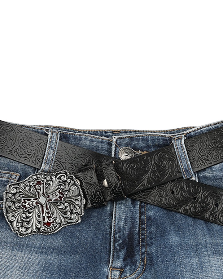 Exquisite Carved Cross Buckle Full-Grain Leather Belt