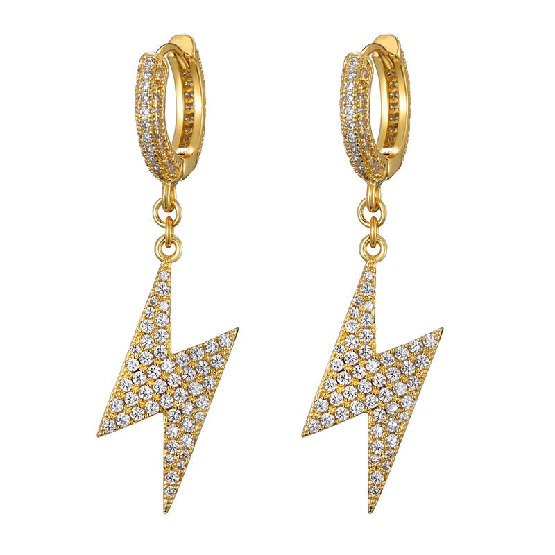 Gold Plated Iced Out Lightning Hoop Earrings