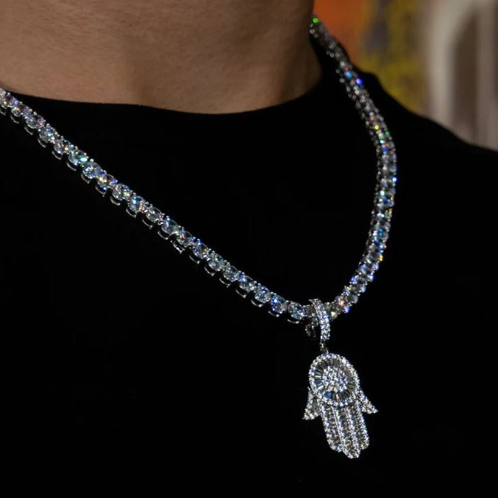 White Gold Plated Iced Out Baguette Hamsa hand Pendant