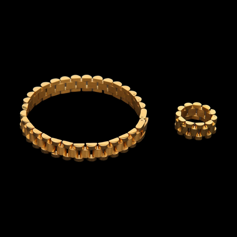 Gold Plated Presidential Bracelet + Ring Set