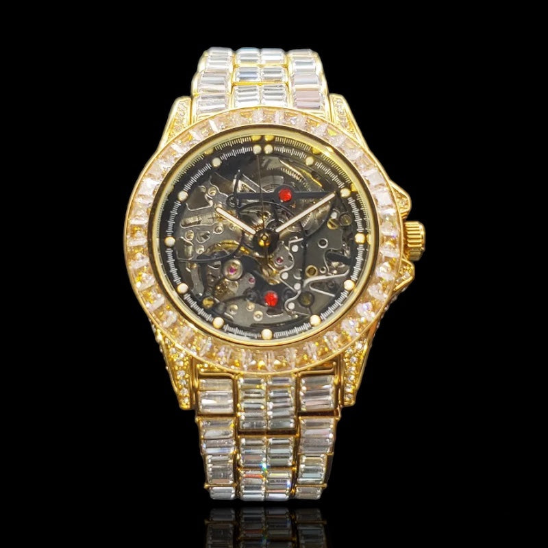 Gold Plated Baguette Diamond Automatic Rollie Watch