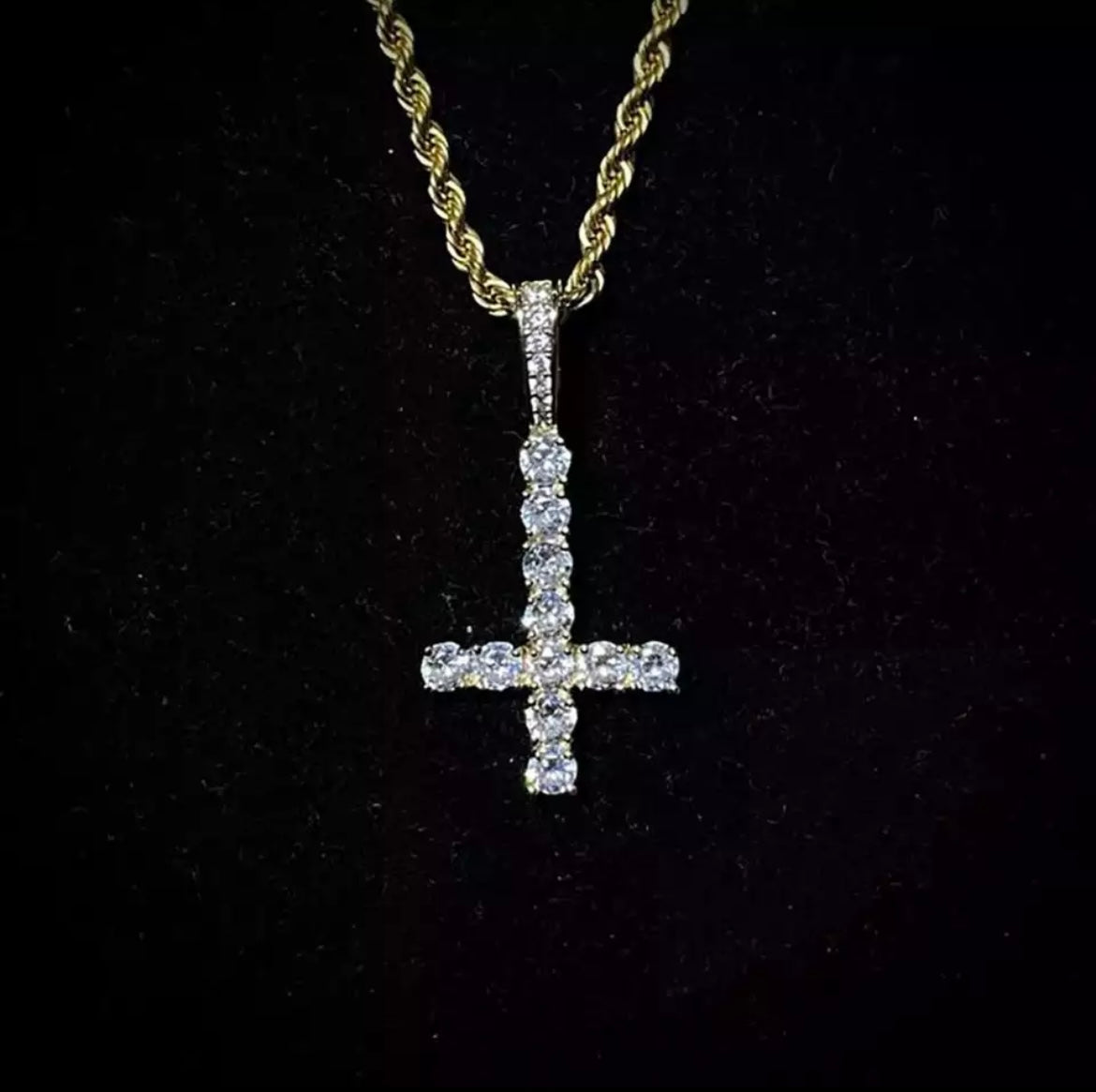 Inverted Diamond Tennis Cross Pendant