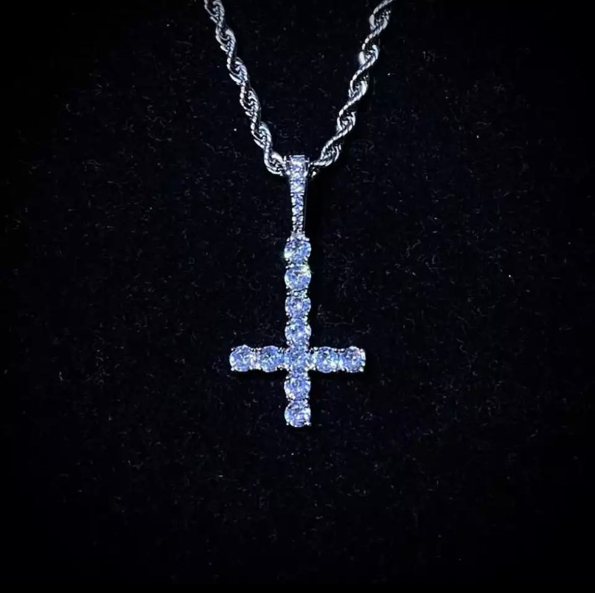 Inverted Diamond Tennis Cross Pendant