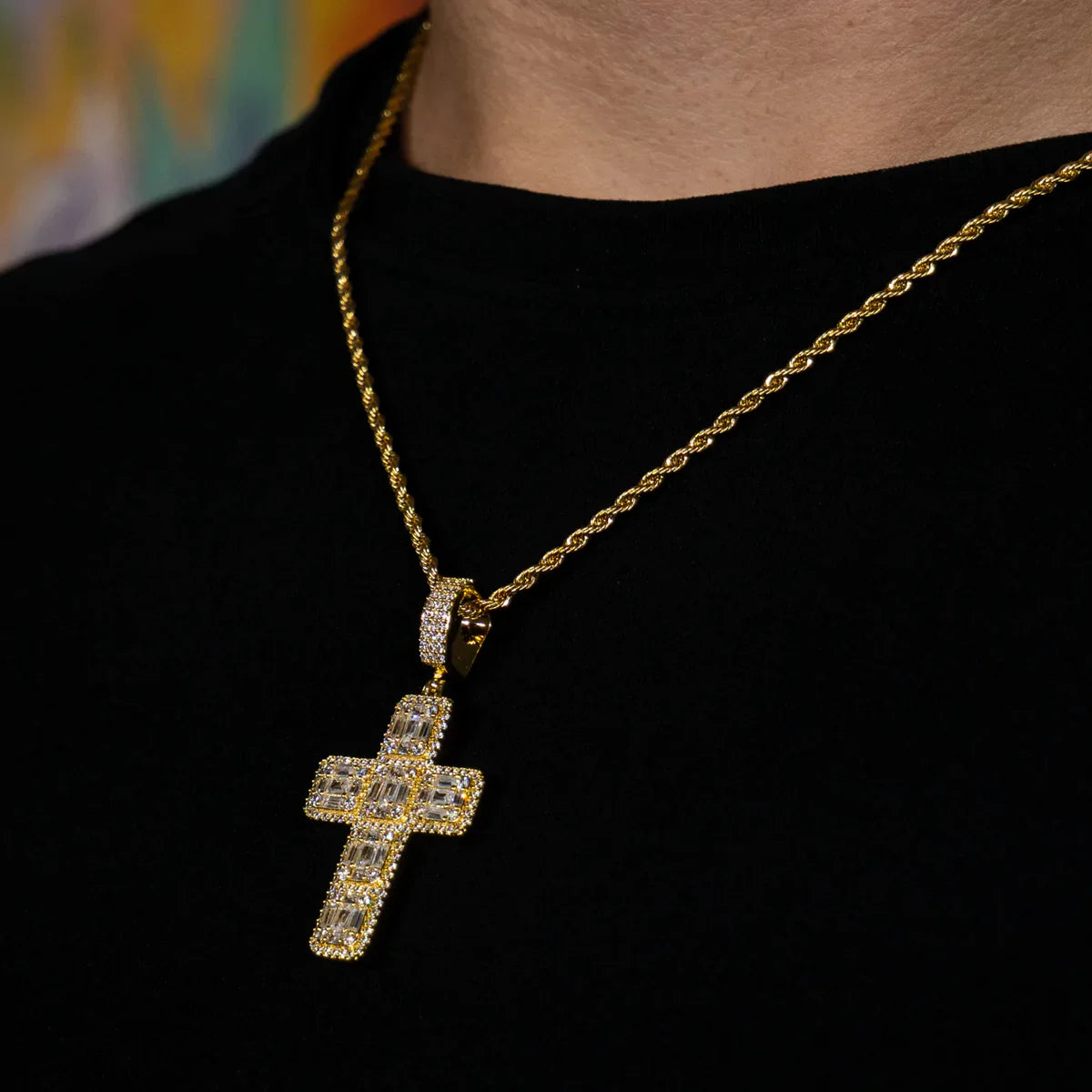 Gold Plated Baguette Diamond Cross Pendant