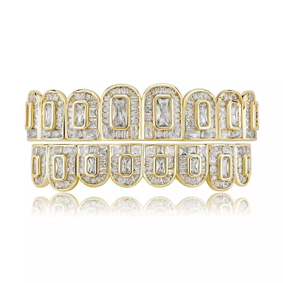 Premium Gold plated Iced Baguette Grillz Set