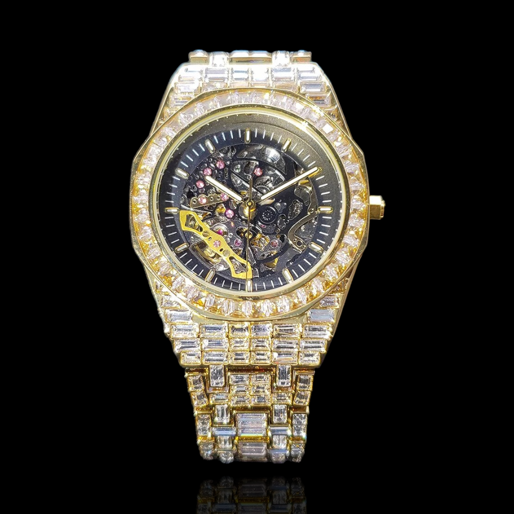 Gold Plated Baguette Diamonds Royal Skeleton watch