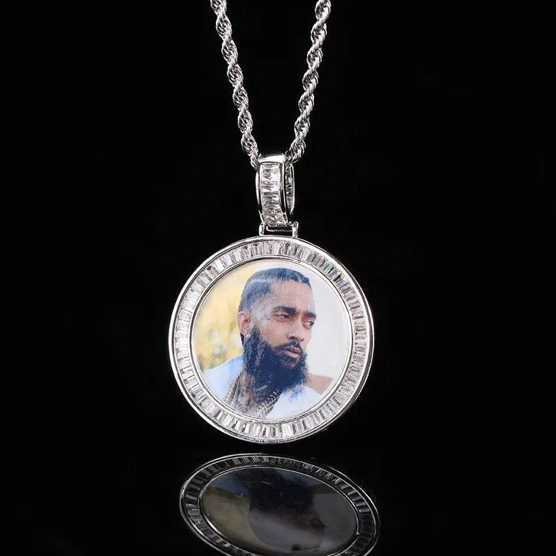 Personalized Baguette Diamond Photo Pendant