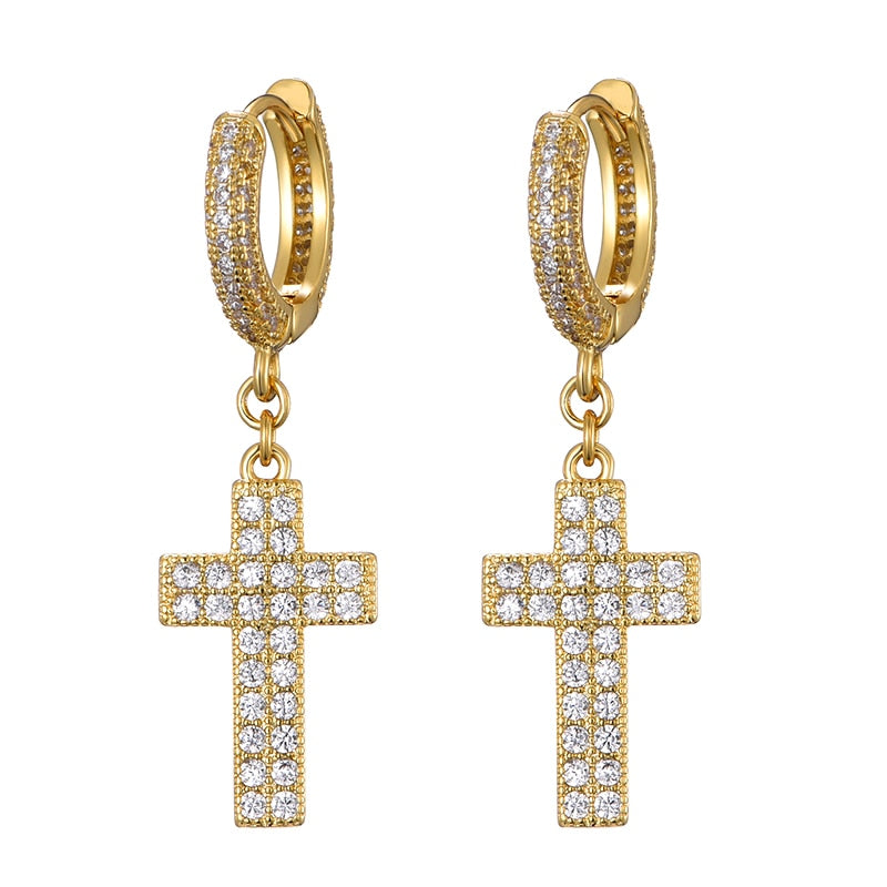 Gold Plated Iced Out Cross Hoop Earrings