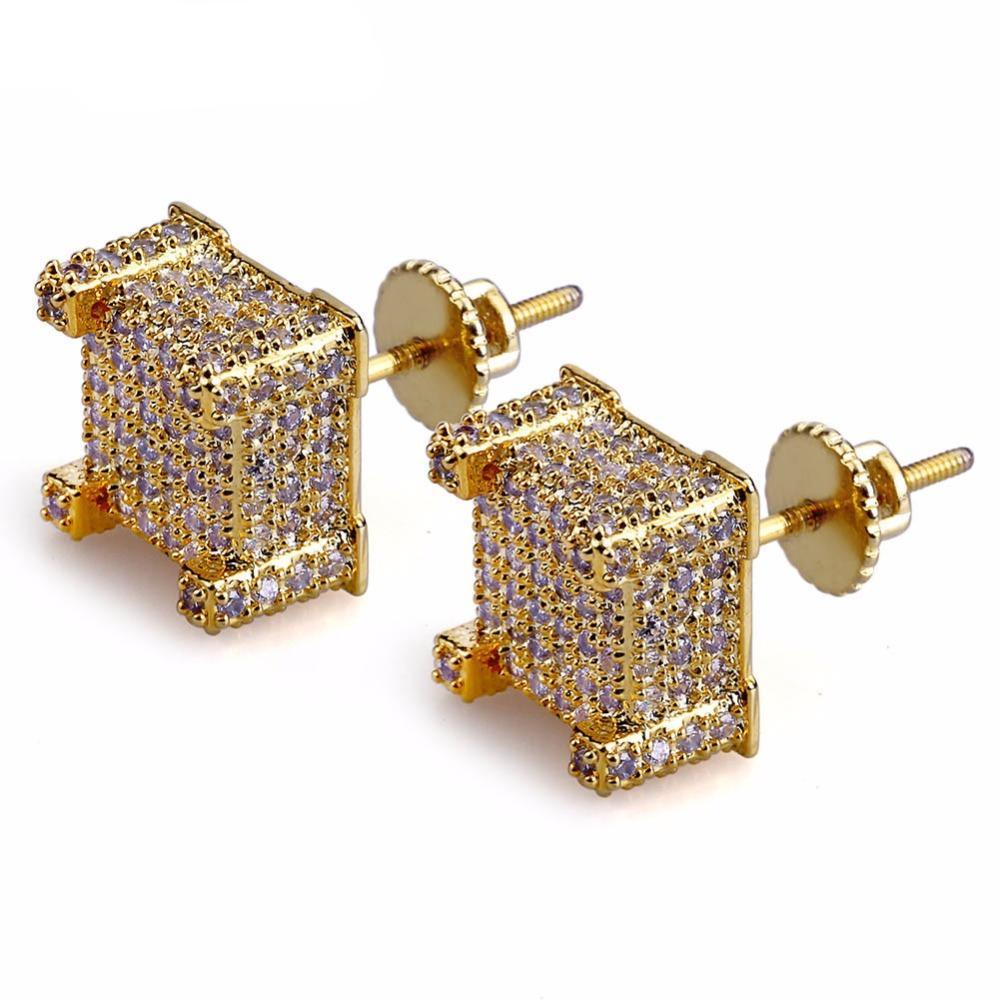 360 Fully Iced Gold plated Cube Earrings