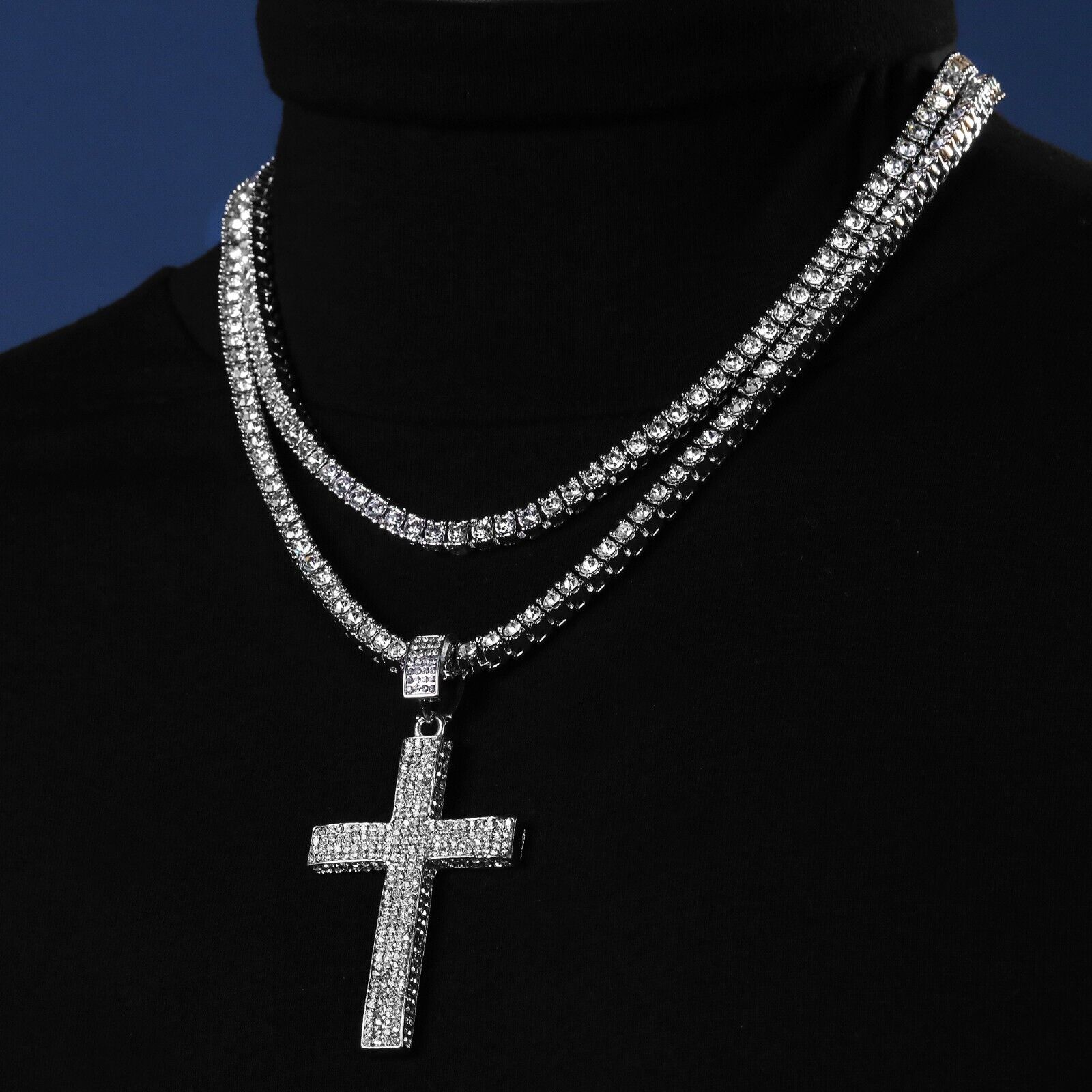 Fully Cubic-Zirconia 3D Cross Pendant Silver Plated ICED Two Tennis 18", 20" Chain