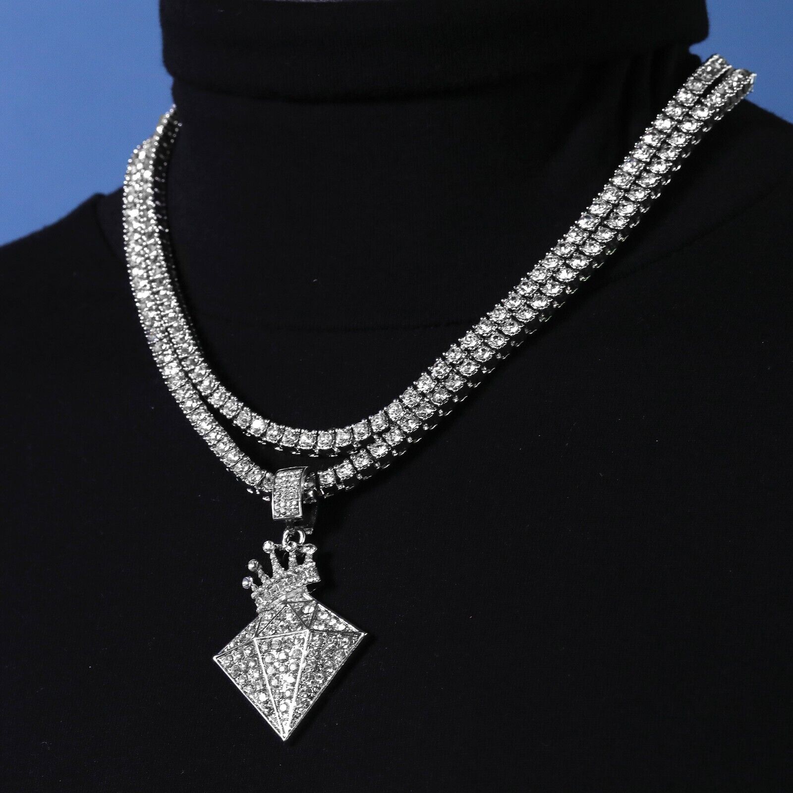 Cubic-Zirconia Crown Diamond Pendant Silver Plated Two Tennis 18", 20" Chain