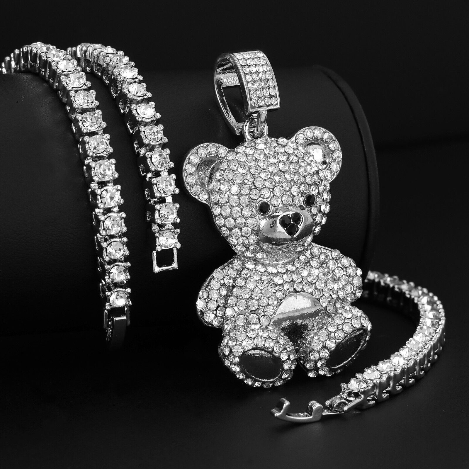 Fully Cubic-Zirconia Teddy Bear Pendant Silver Plated Two Tennis 18", 20" Chain