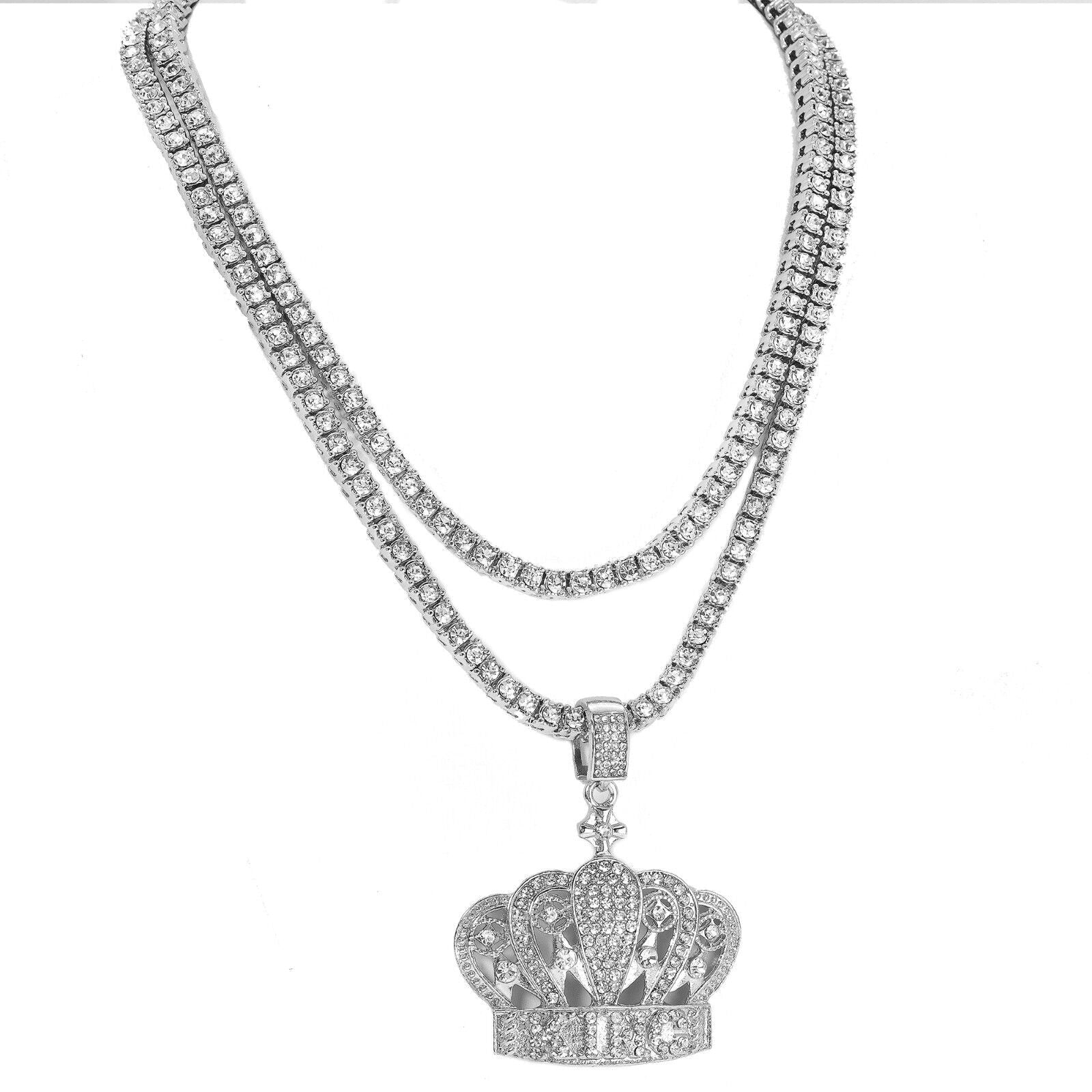 Cubic-Zirconia King Crown Pendant Silver Plated ICED Two Tennis 18", 20" Chain