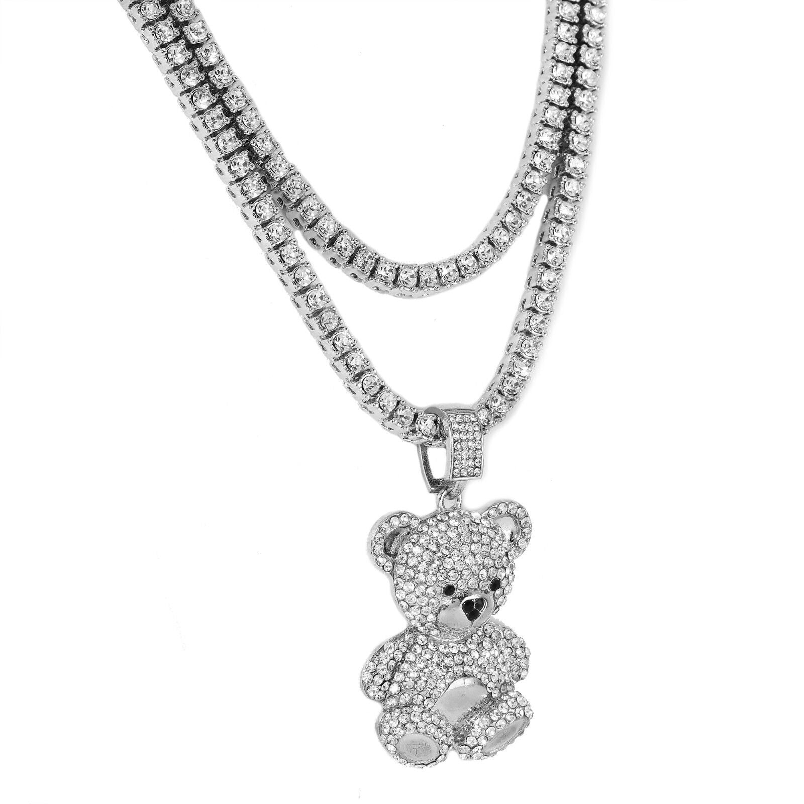 Fully Cubic-Zirconia Teddy Bear Pendant Silver Plated Two Tennis 18", 20" Chain