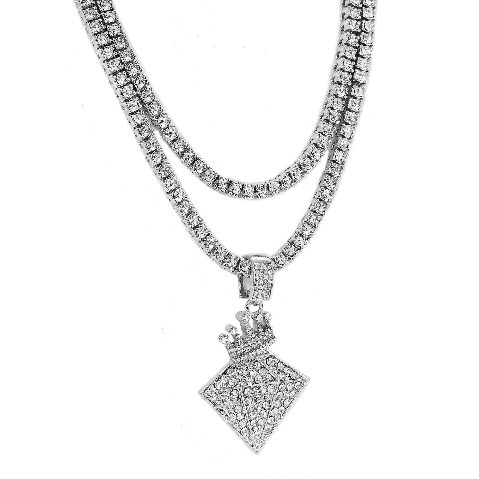 Cubic-Zirconia Crown Diamond Pendant Silver Plated Two Tennis 18", 20" Chain