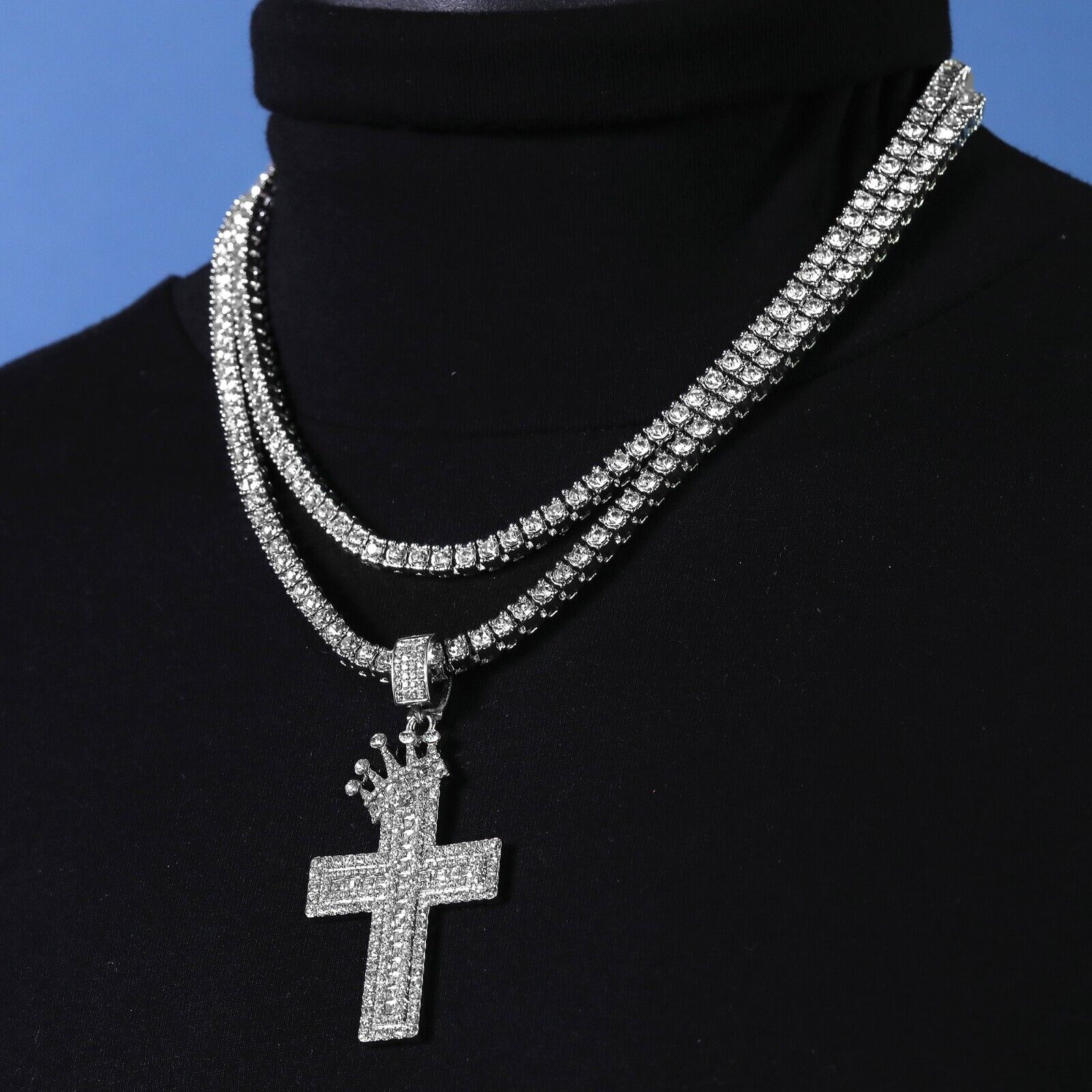 Cubic-Zirconia Crown Two Cross Pendant Silver Plated Two Tennis 18", 20" Chain