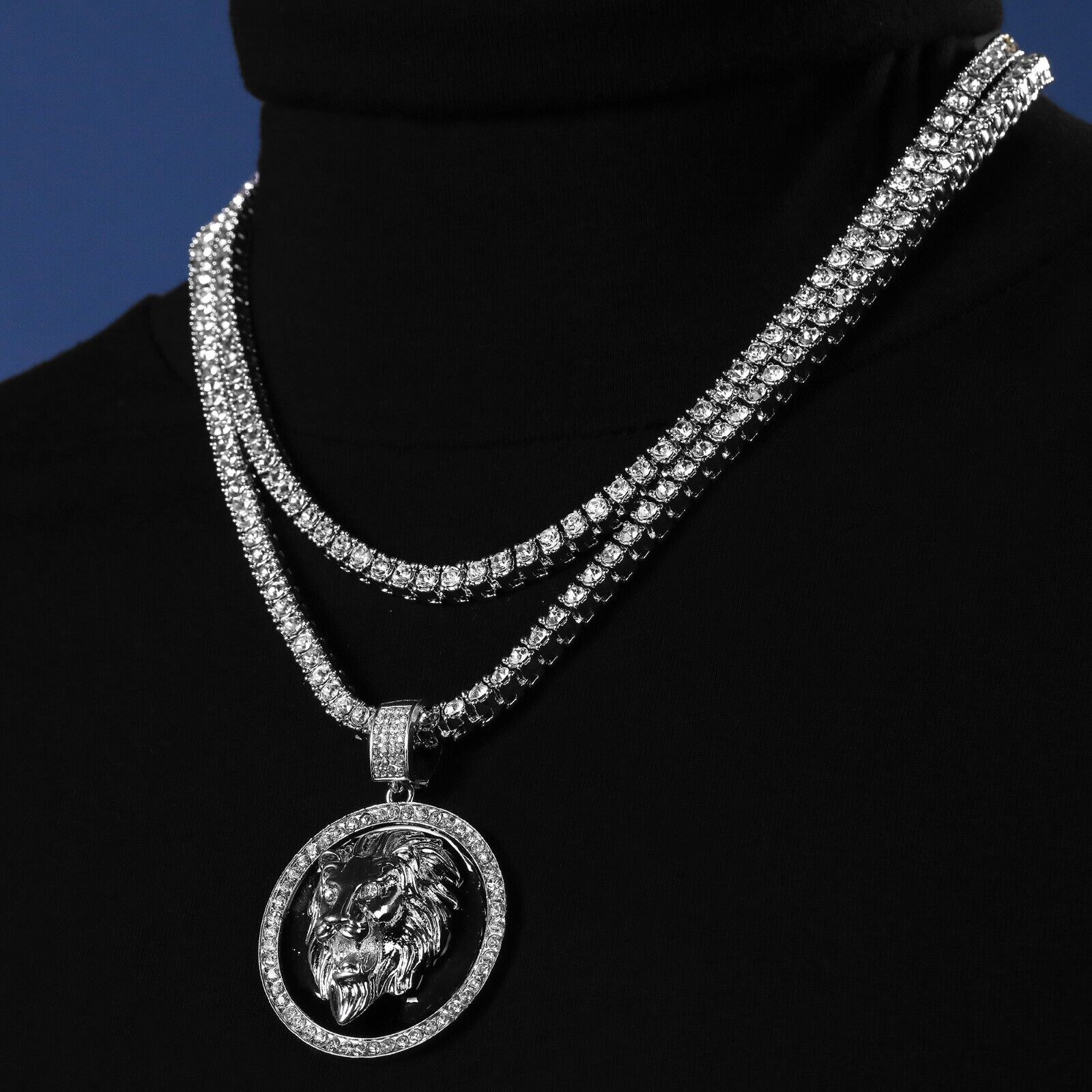 Fully Cubic-Zirconia Black Round Lion Pendant Silver Plated Two Tennis 18", 20" Chain