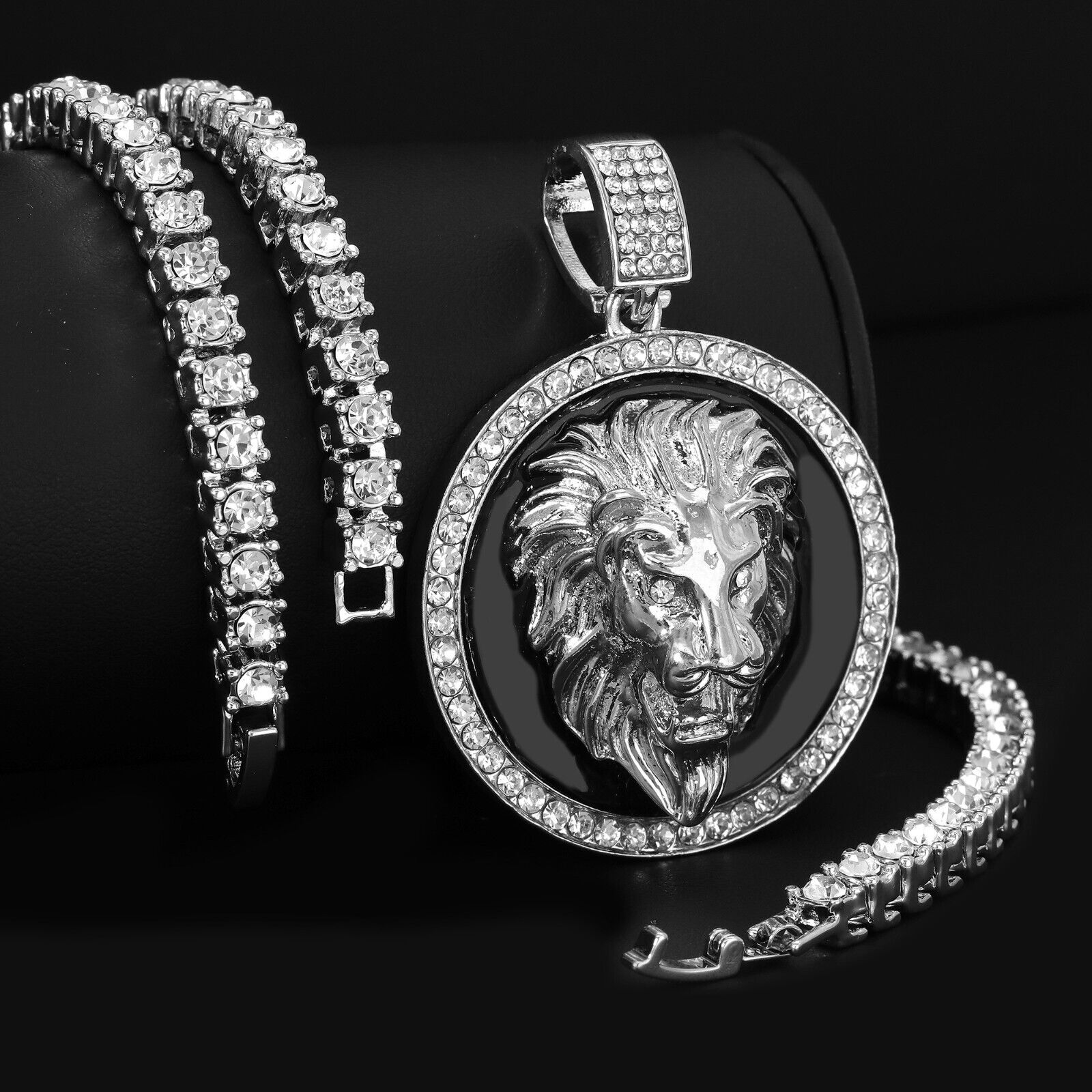 Fully Cubic-Zirconia Black Round Lion Pendant Silver Plated Two Tennis 18", 20" Chain