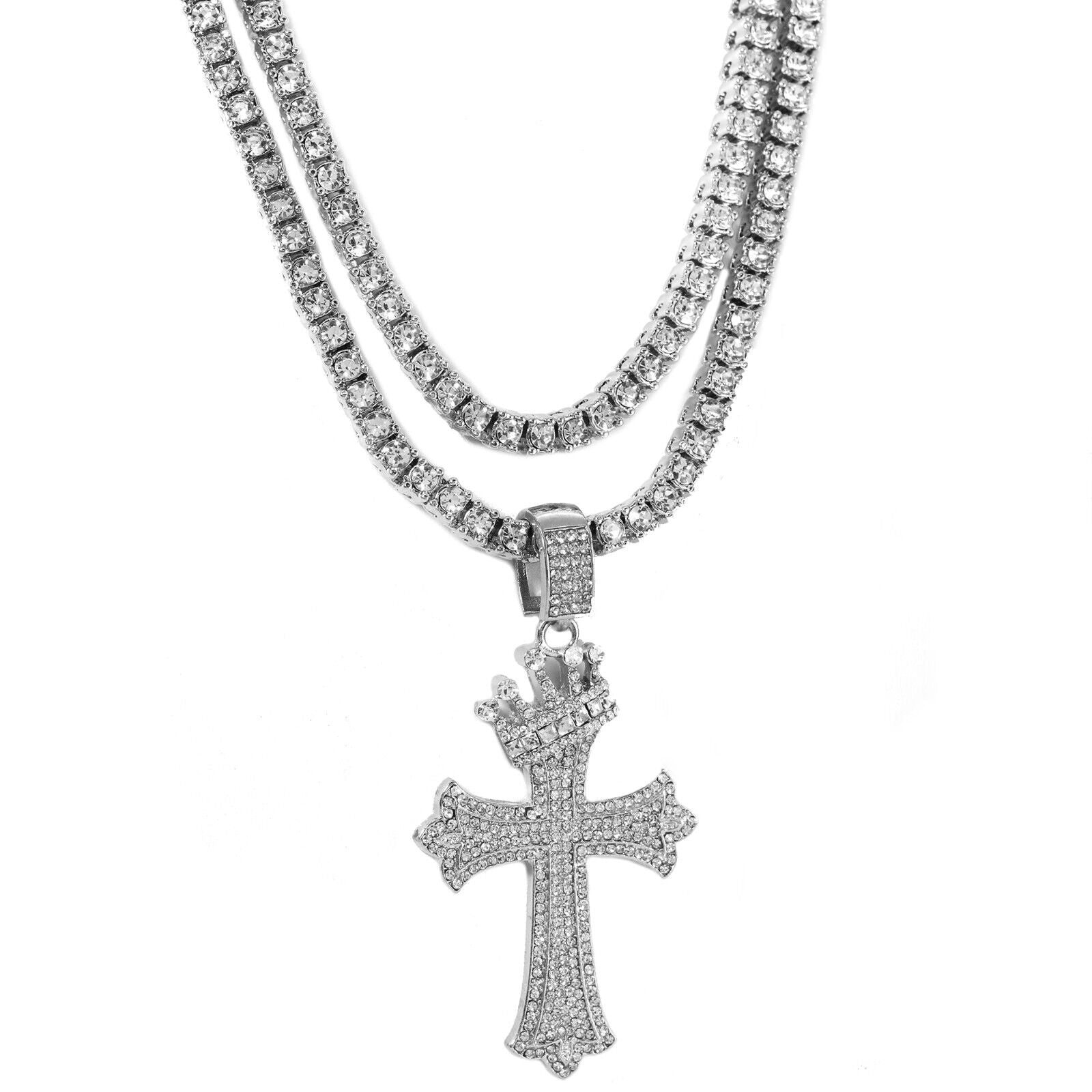 Cubic-Zirconia Crown Wave Cross Pendant Silver Plated Two Tennis 18", 20" Chain