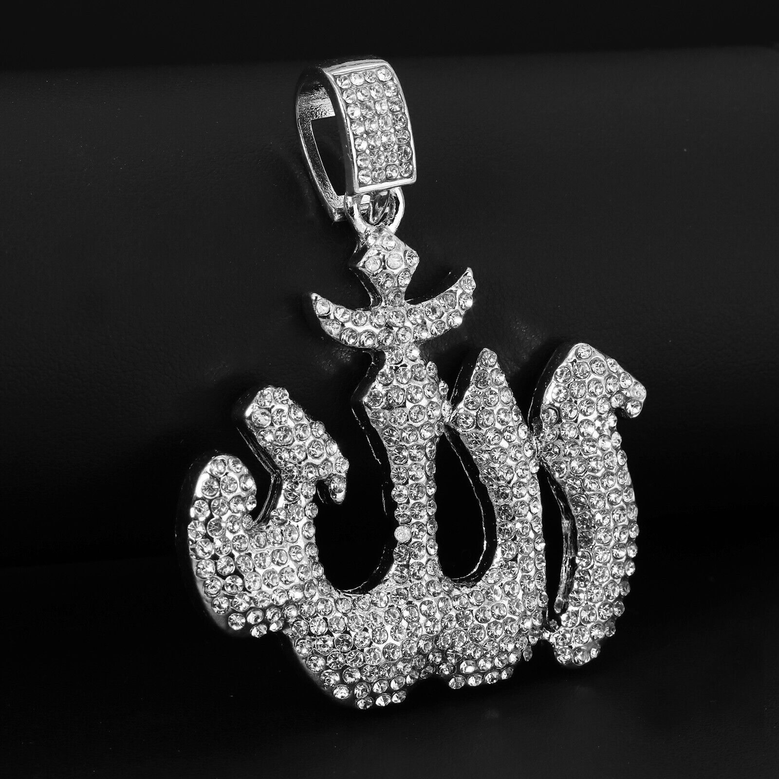 Fully Cubic-Zirconia ALLAH Pendant Silver Plated ICED Two Tennis 18", 20" Chain