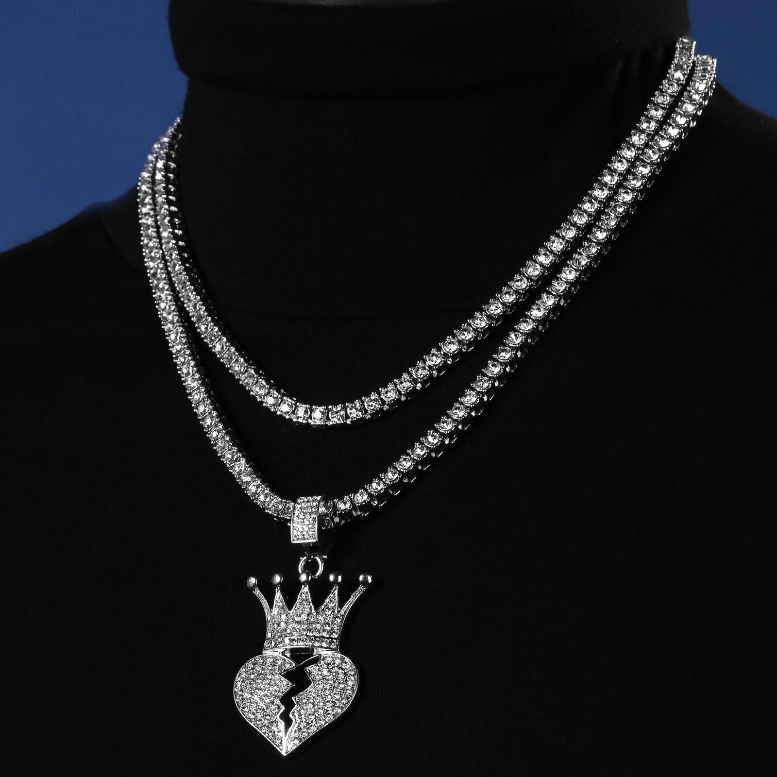 Cubic-Zirconia Broken Heart Crown Pendant Silver Plated ICED Two Tennis Chain