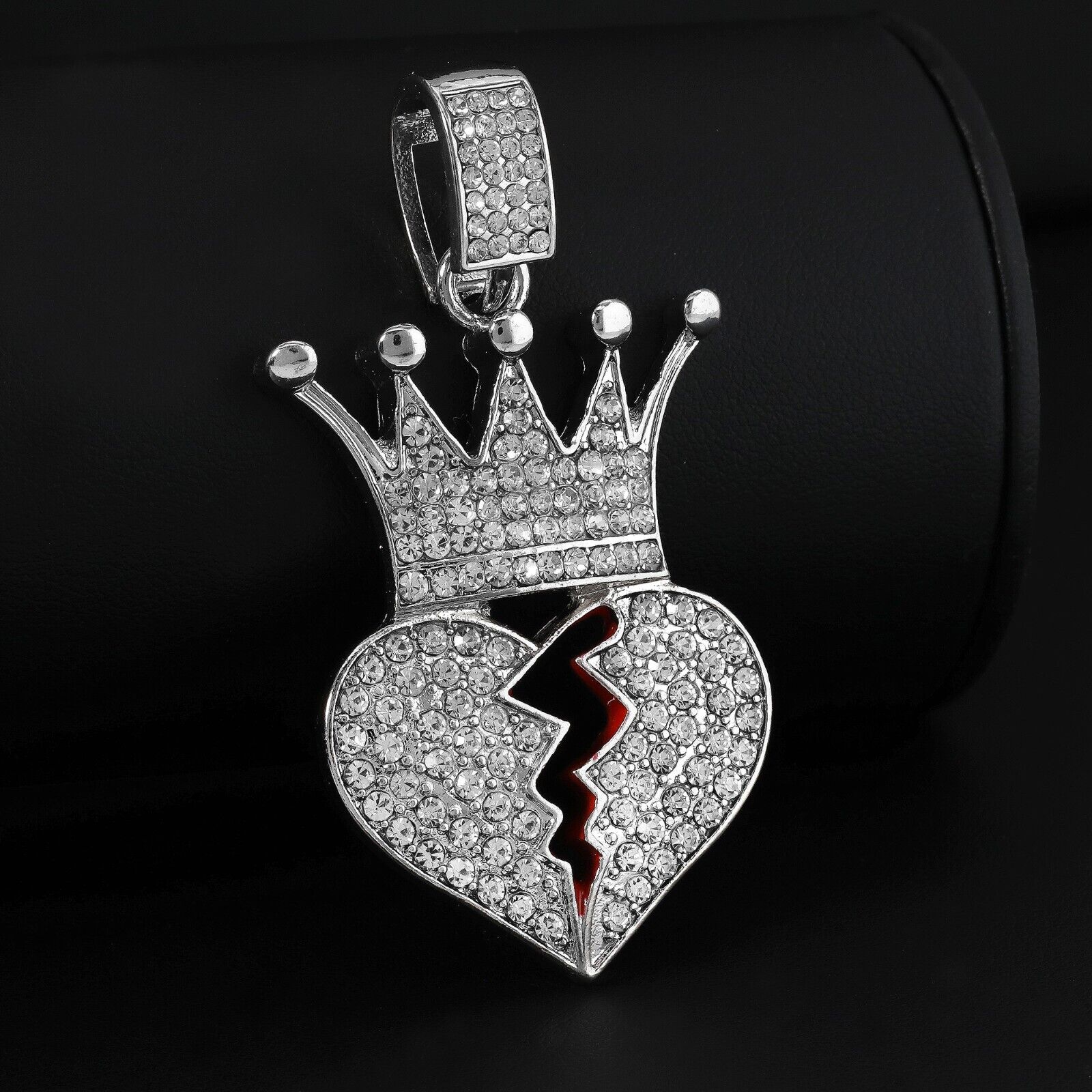 Cubic-Zirconia Broken Heart Crown Pendant Silver Plated ICED Two Tennis Chain